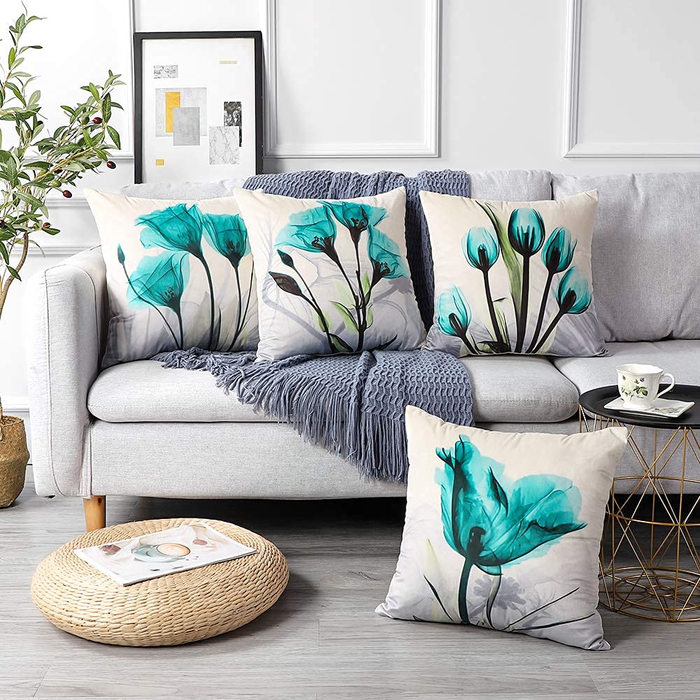 Federa Per Cuscino 45x45 Cm Con Motivo Floreale, Set Da 4 Pezzi In Velluto Verde. Ideale Per Decorare Divano, Soggiorno O Camera Da Letto. Copri Cuscino Con Cerniera, Lavabile In Lavatrice.