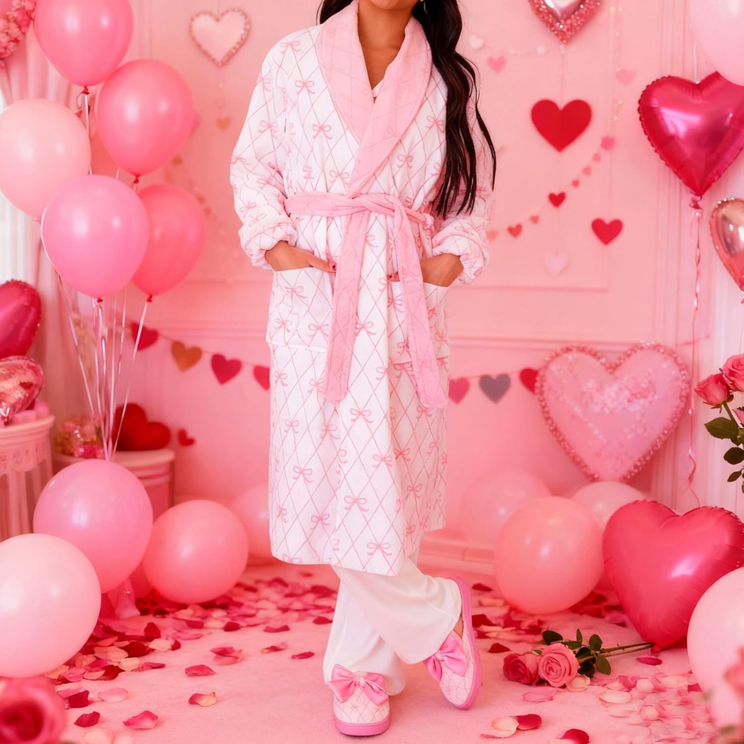 VISGOGO Bow Robes For Women Robe Lightweight Short Women Bathrobe Soft Ladies Cute Bathrobe With Pocket Pink And White - Image 5