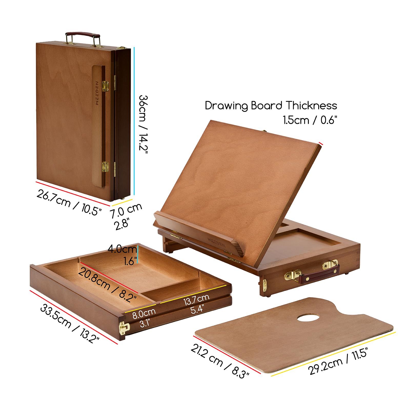 MEEDEN Tischstaffelei Box aus Holz, Portable Sketchbox aus Buchenholz mit Aufbewahrung, Verstellbarer Leinwand Ständer für Maler, Künstler und Anfänger, Nussbaumfarben