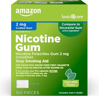 Amazon Basic Care Coated Nicotine Polacrilex Gum 2 mg, Cool Mint Flavor, Stop Smoking Aid, Reduces Withdrawal Symptoms, 160 Count
