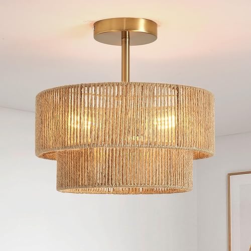 Miniatura 9 de Lámpara de techo bohemia de 12.6 pulgadas para montaje en techo, lámpara de techo semiempotrada de cuerda de cáñamo costero, lámpara de techo de