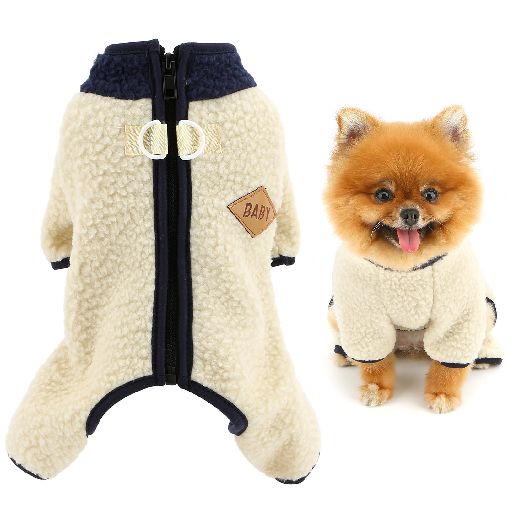 SMALLLEE_LUCKY_STORE Fuzzy Fleece Dog Pyjamas for Xsmall Small Dogs Warm Puppy Jumpsuit with Double D-Ring Turtleneck Zipper Back Cozy Winter Autumn Pjs Clothes for Chihuahua Yorkshire Beige L