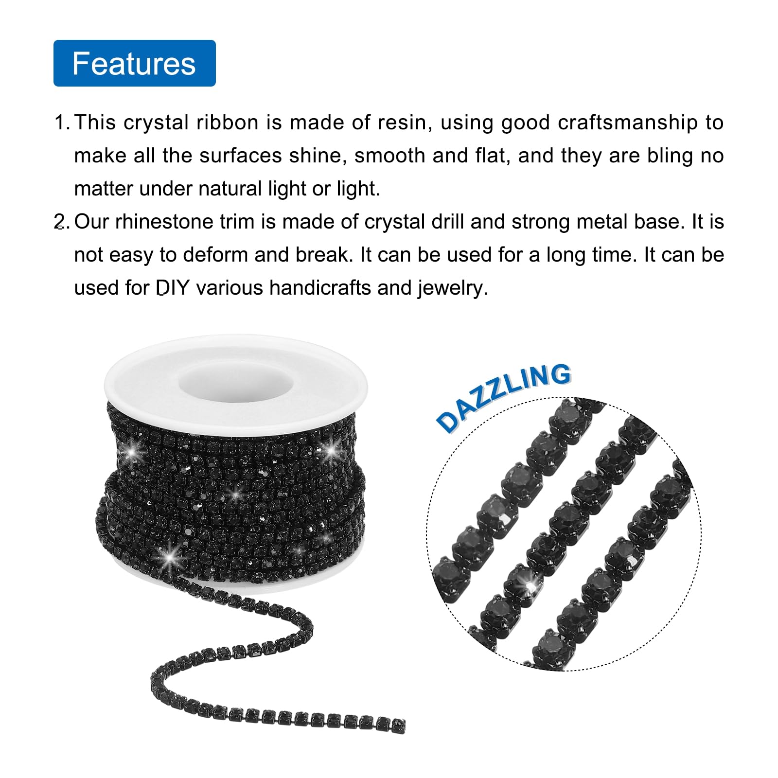 QUARKZMAN 10 Iarde 3mm Cristallo Strass Diamante Catena Chiusura Coppa Rifinito Catena per Cucire Artigianato Gioielli Fai da Te Decorazioni Matrimoni Gemme Nero Base Nero