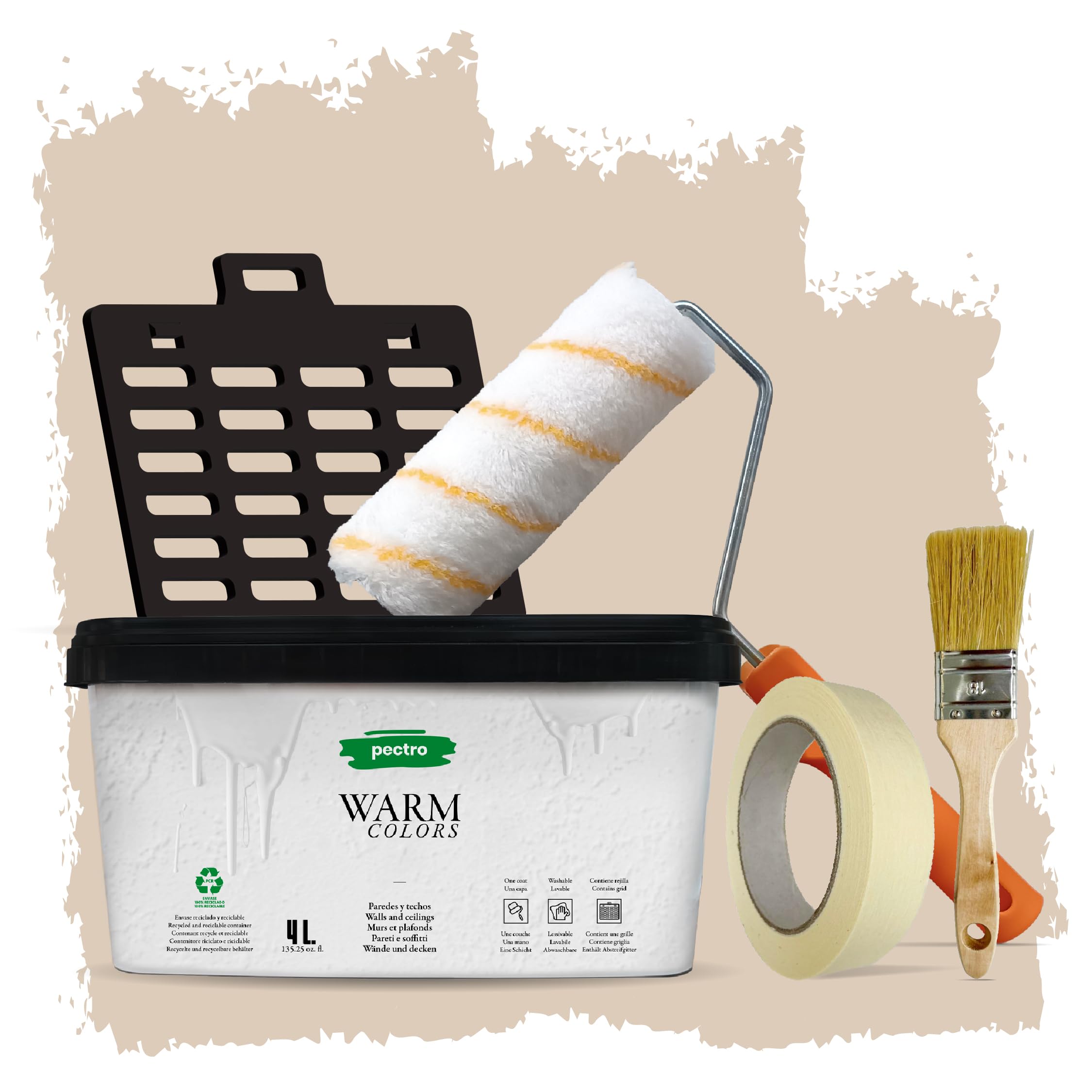 PECTRO Pintura Una Capa 4L (6,3kg) - incluye Rodillo, Rejilla, Brocha y Cinta - Pintura Interior Paredes y Techos Mate, colores cálidos, lavable de gran durabilidad y cubrición