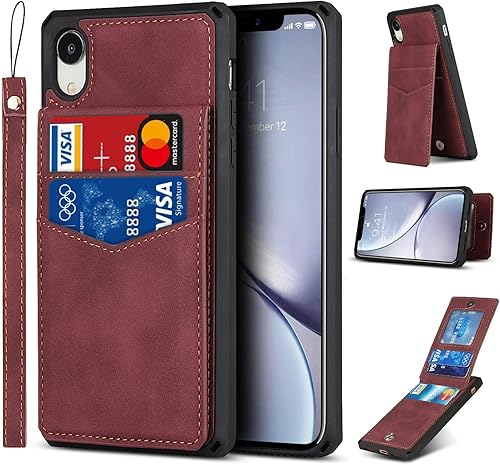 iCoverCase Funda tipo cartera para iPhone XR con tarjetero bloqueo RFID de piel sintética de alta calidad, cierre magnético, ranuras para tarjetas a