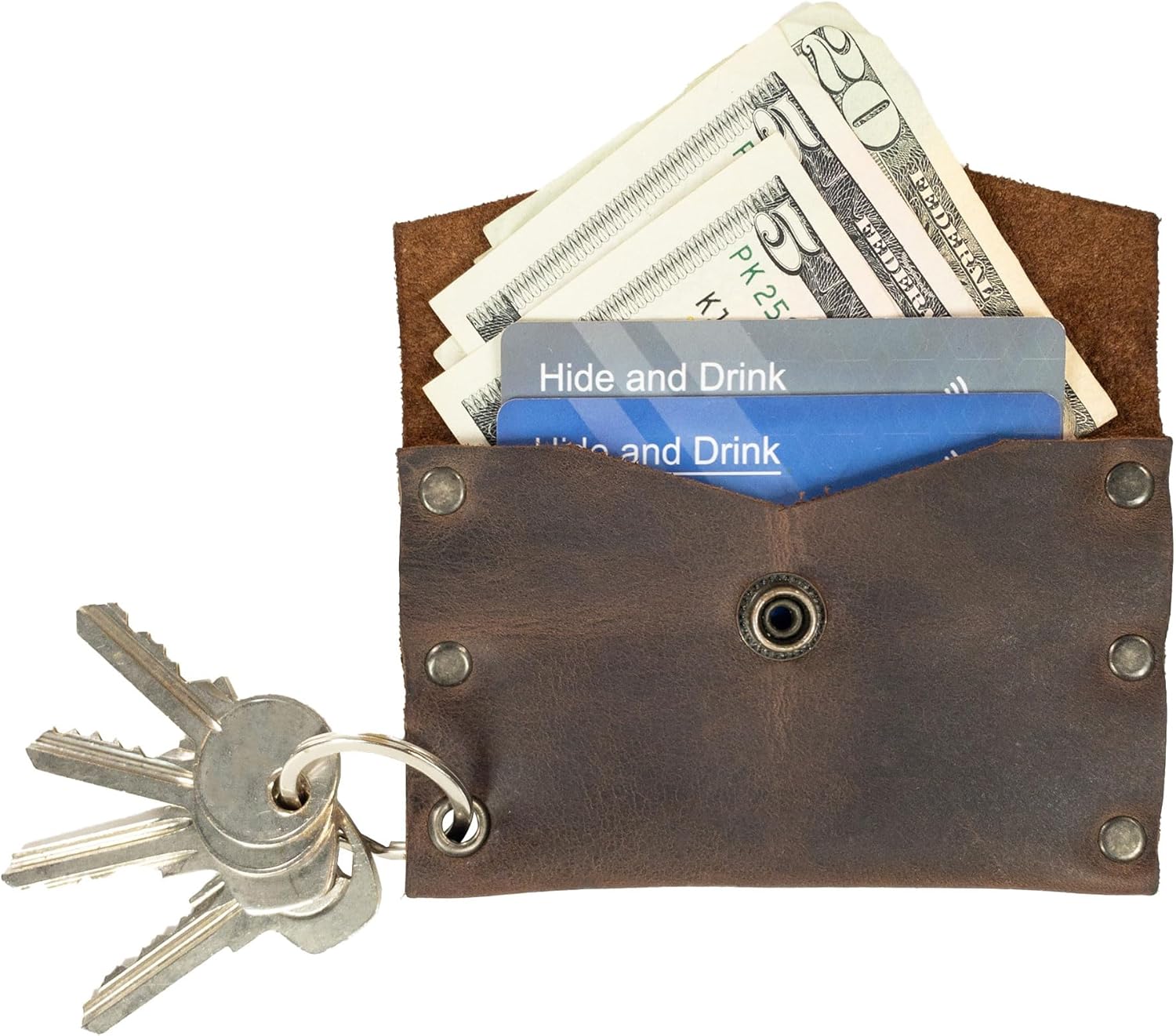 Hide & Drink, Leather Riveted Envelope Keychain, Holds Up to 4 Cards/Card Organizer/Holder/Case/Rustic/Cash/Accessories, Handmade - Bourbon Brown