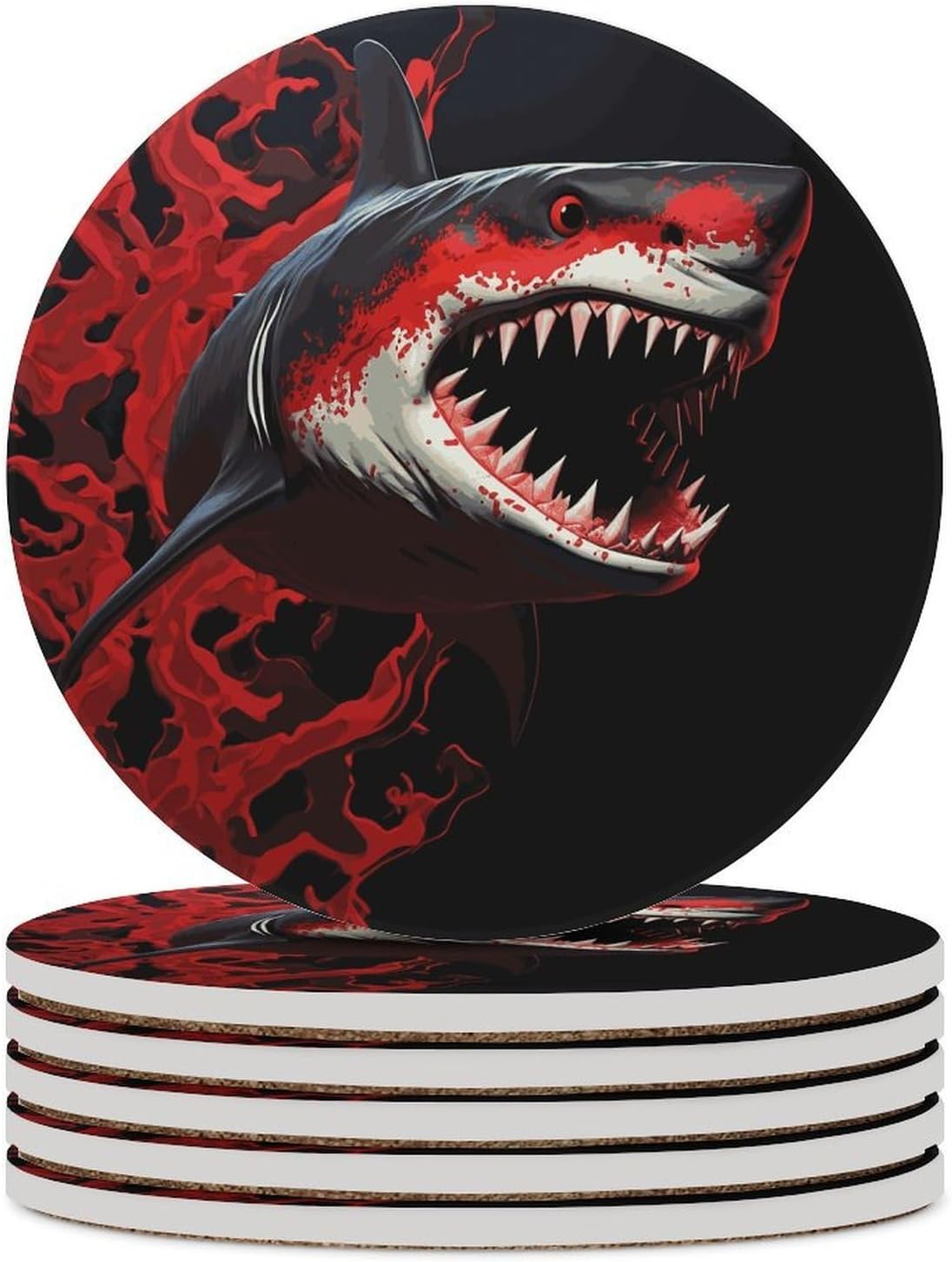Red-Black Shark Coaster with Cork Base Drink Coasters for Coffee Table Decor Modern Cup Coasters with Non-Slip & Heat-Resistant Cute Ceramic Table Coaster for Home Dining