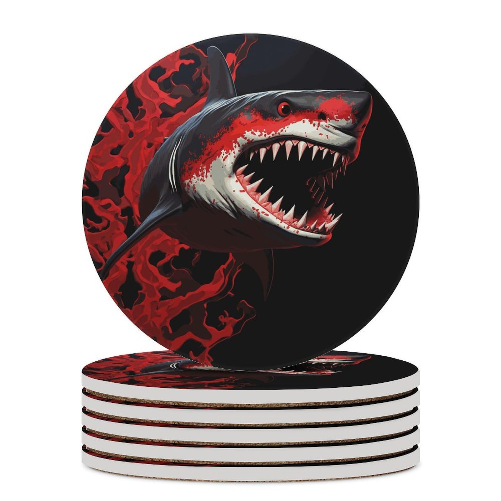Red-Black Shark Coaster with Cork Base Drink Coasters for Coffee Table Decor Modern Cup Coasters with Non-Slip & Heat-Resistant Cute Ceramic Table Coaster for Home Dining