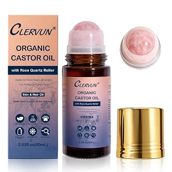 Organic Castor Oil Roll On with Rose Quartz Roller 100% Cold Pressed Moisturizing Oil for Nails, Brows, Lashes, Face, Hairline & Dry Skin, Refillable, Travel Size Leakproof Roller Bottle, 2.02fl.oz