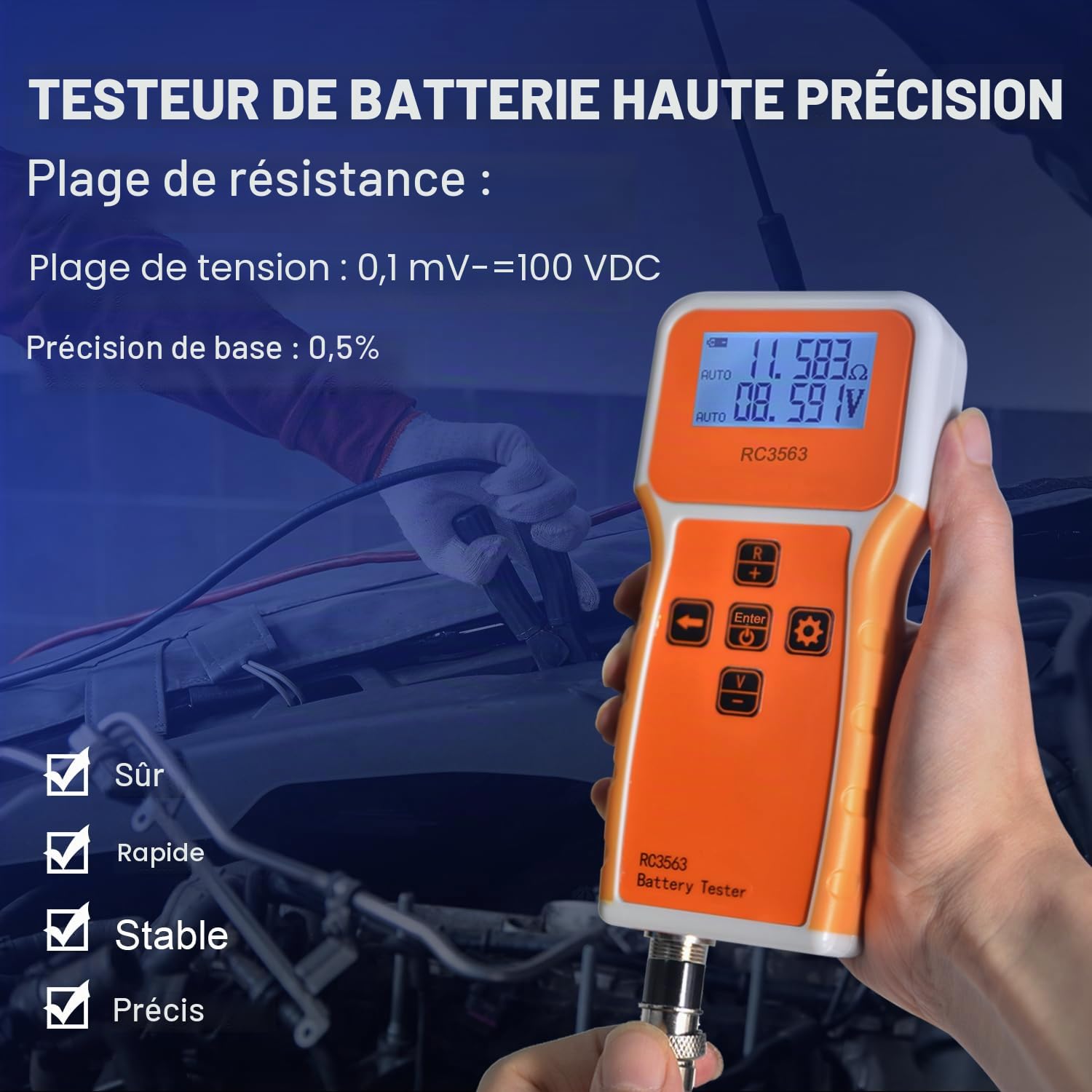 Testeur de Résistance Interne Batterie 1uΩ à 200Ω, 0 à ± 100V CC, Mesureur de Tension Portable avec Sonde, Analyseur de Batterie Interne pour Batteries Li, Zine, Pb-acide, Ni-CD, et Li-Fe RC3563