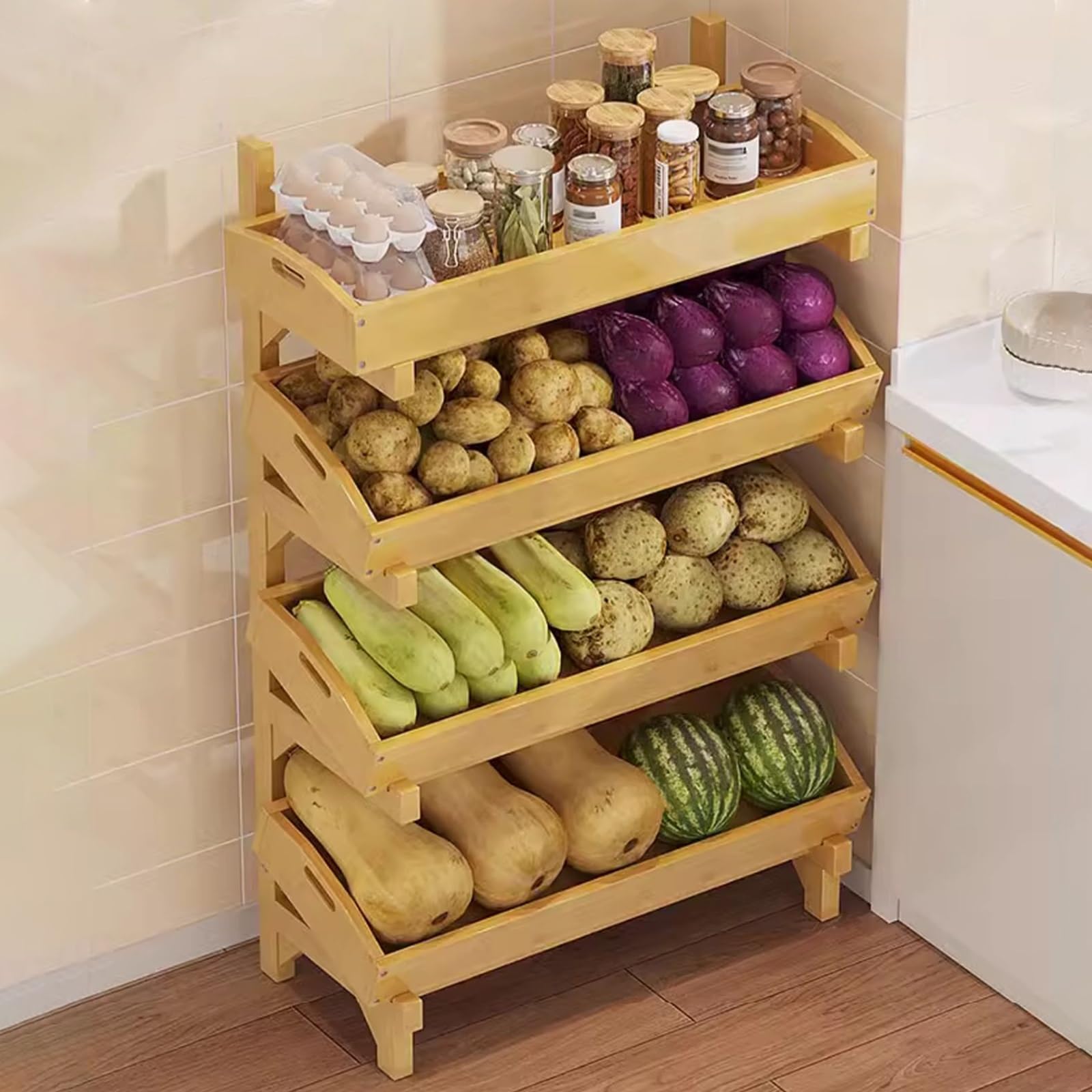 Étagère de vente au détail, 4 niveaux en bois, pour fruits et légumes, grande capacité pour la maison/le supermarché avec plateau amovible, support de rangement vertical au sol