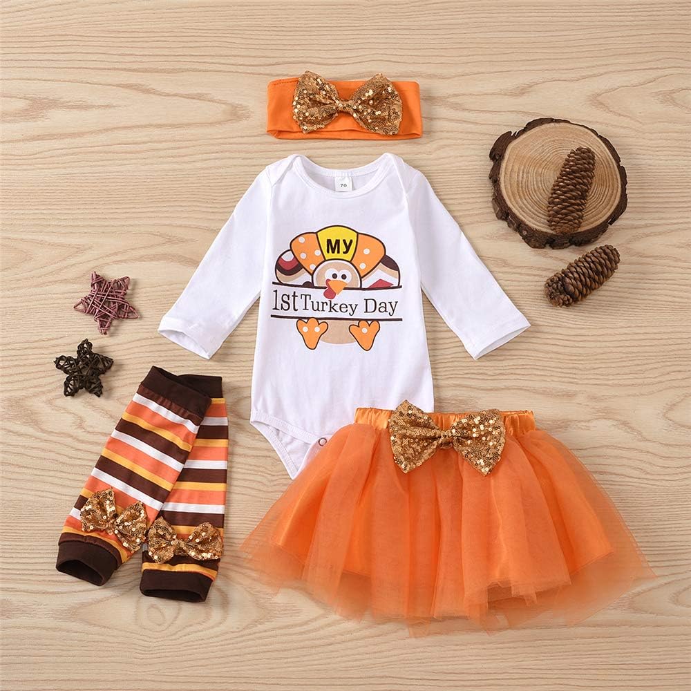 Aoty Newborn Baby Girl Mommy's Little Turkey Skirt Set Ruffle Romper Turkey Skirt Outfit Thanksgiving Clothes