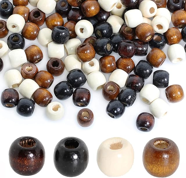 400Pcs Large Hole Barrel Wood Beads, BetterJonny 12x11mm 4 Colors Natural Wooden Spacer Beads Hair Braid Beads for Macrame Rosary Bracelet Jewelry Craft Making