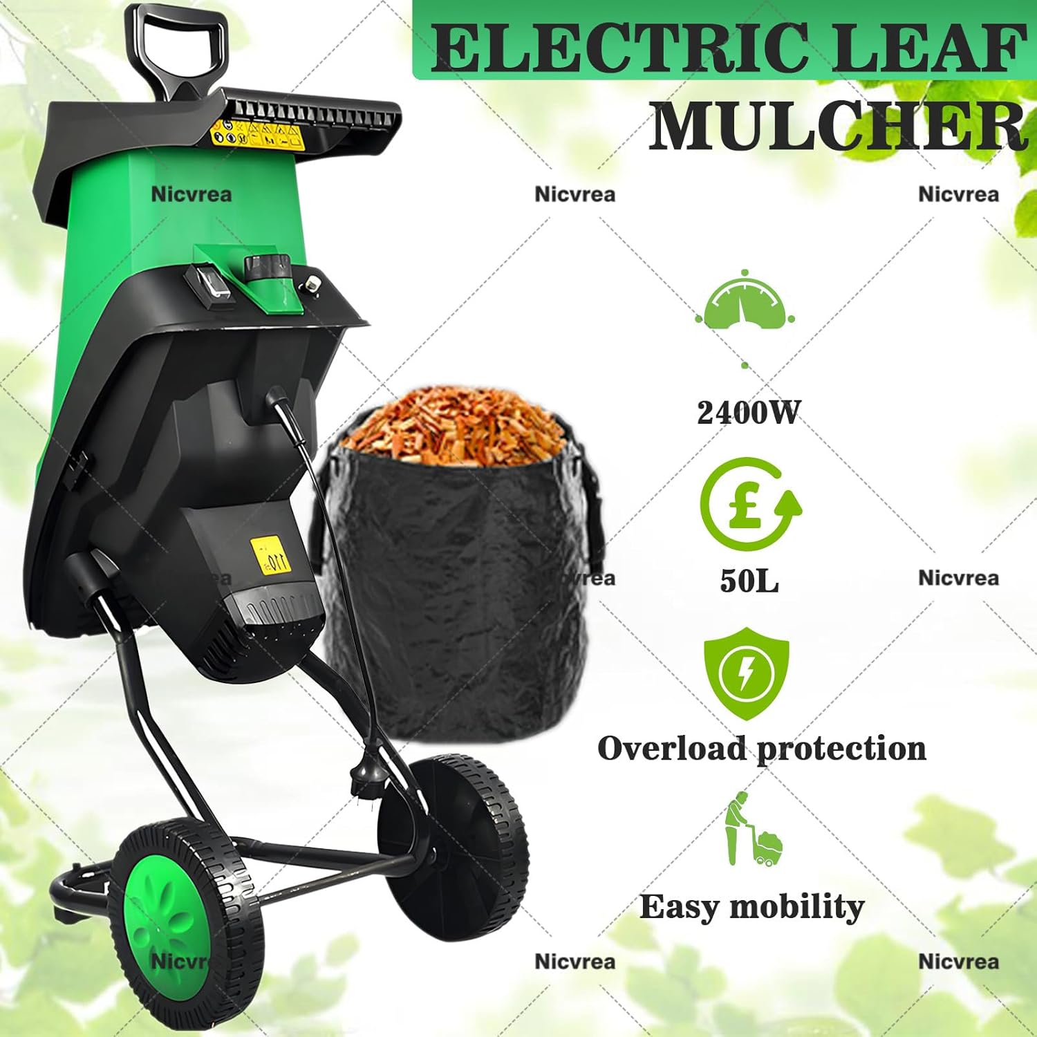 Electric Wood Chipper Shredder 2400W, Heavy Duty Garden Shredder Mulcher for Leaf Grinder Tree Shredder with 50L Collection Bag for Home Use & Backyard Cleanup