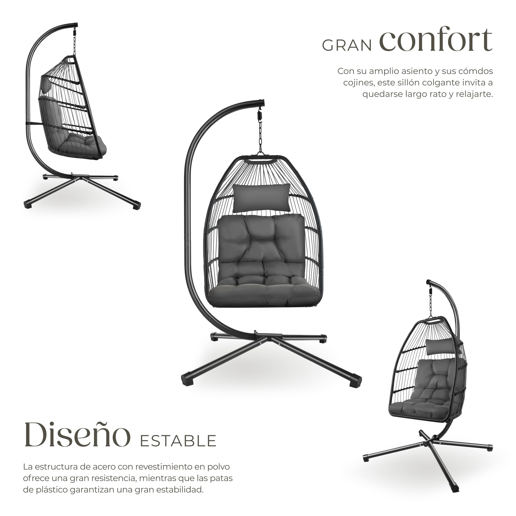 tectake® Columpio Jardín Exterior, Silla Colgante con Cojín Extragrueso, Sillón Balancín con Estructura de Acero y 4 Pies en Base, Hamaca Colgante Interior/Exterior, Plegable, Capacidad 160Kg - Gris