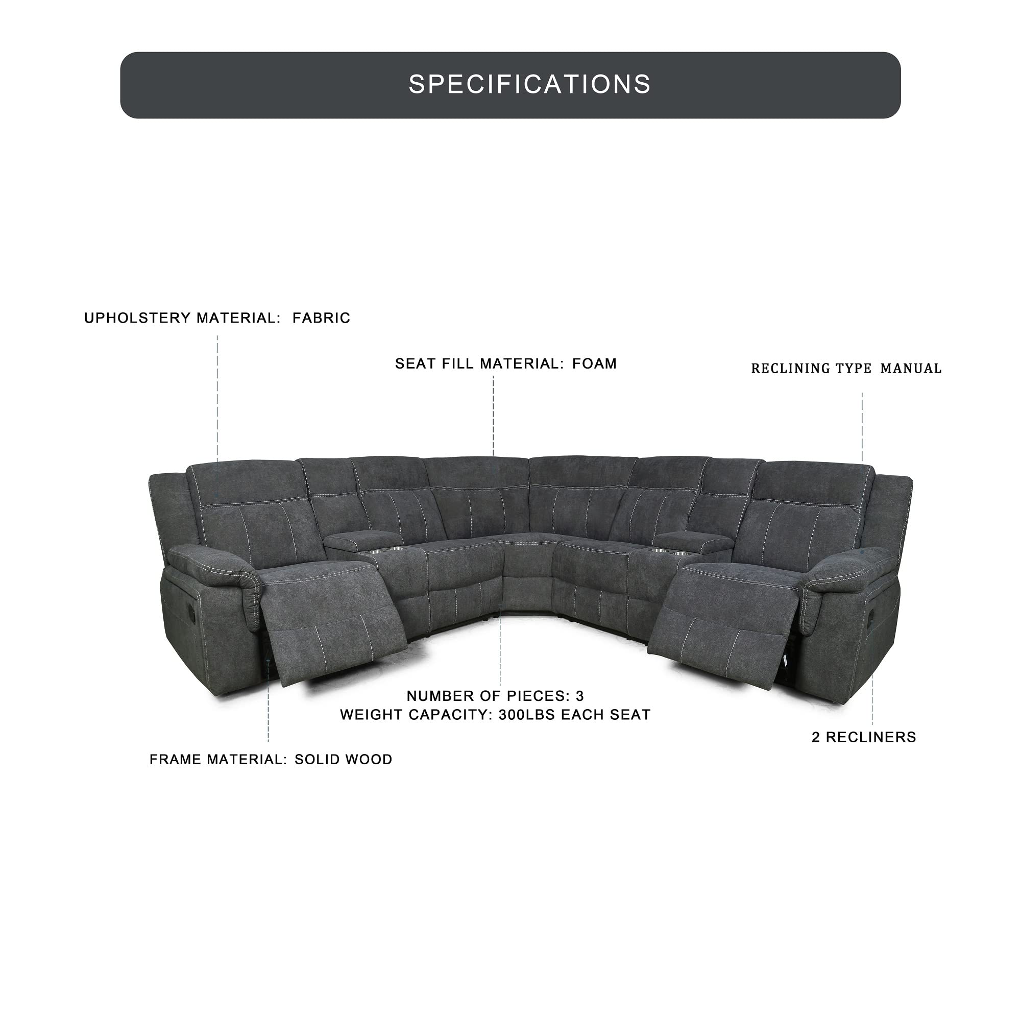Buy Manual Reclining Sectional Sofa Fabric Upholstery Sofa Set with