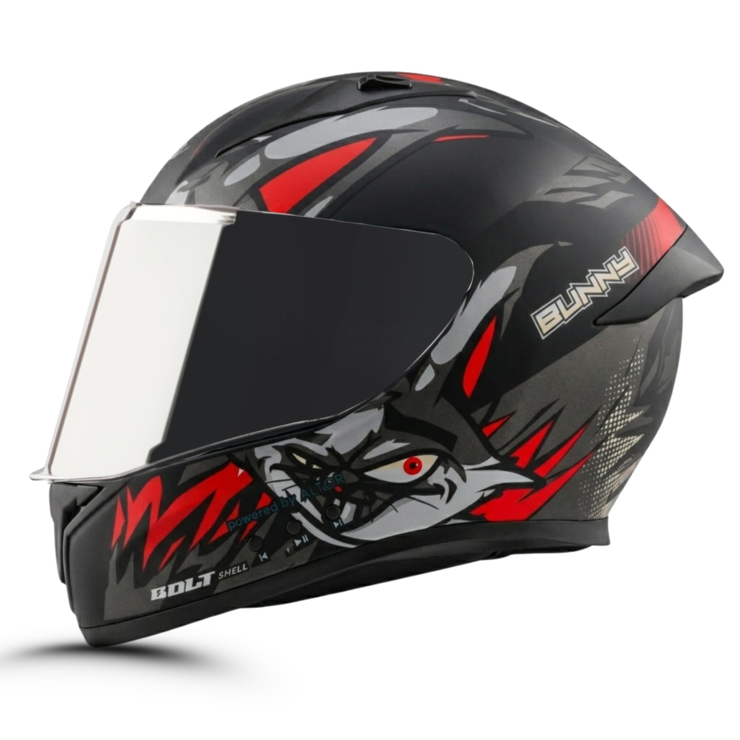 Vega Bolt Bunny Premium Smart Bluetooth Full-Face Helmet – Advanced Safety, Shockproof, Aerodynamic, Comfortable Dull Black RED M