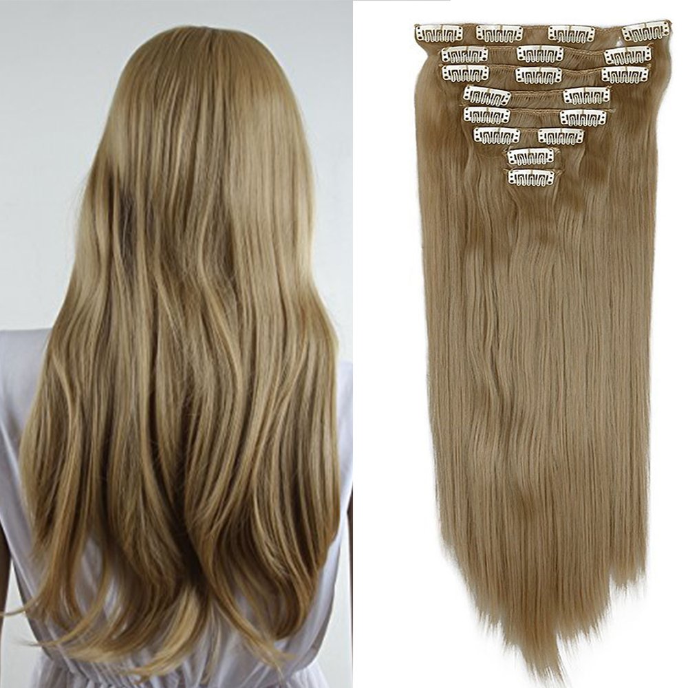 23"(58cm) SEGO Extensiones de Clip Pelo Sintético Se Ve Natural 8PCS [Arena Oscura mezcla Rubio Claro] Cabello Liso Largo Postizos Pelucas para Mujer (140g) — view 19