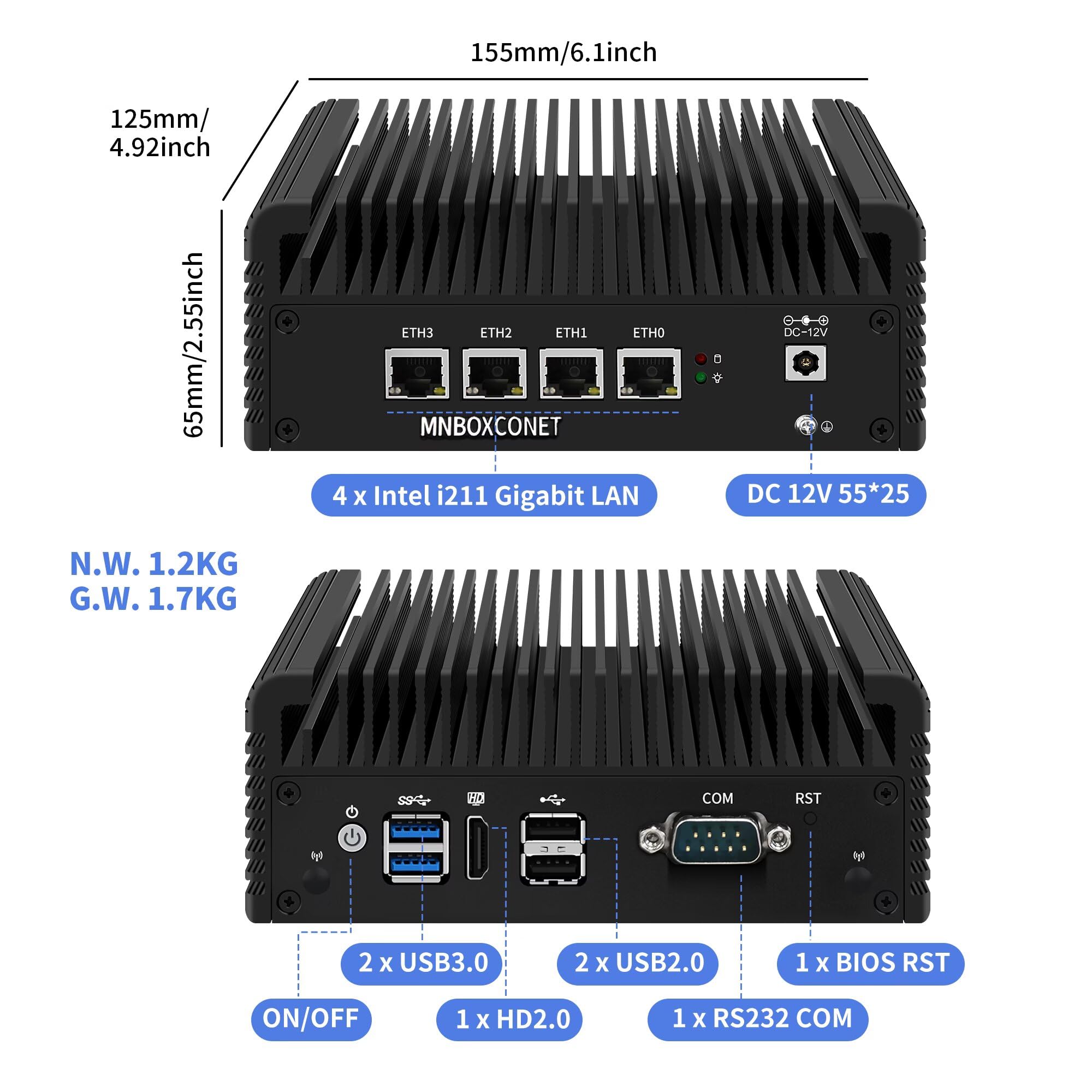 Firewall Hardware Industrie Mini PC Fanless J4125, Micro PC Application Router Embedded Computer, Barebone NO RAM NO SSD, 4 x i211 LAN, RS232 COM, Auto Power on