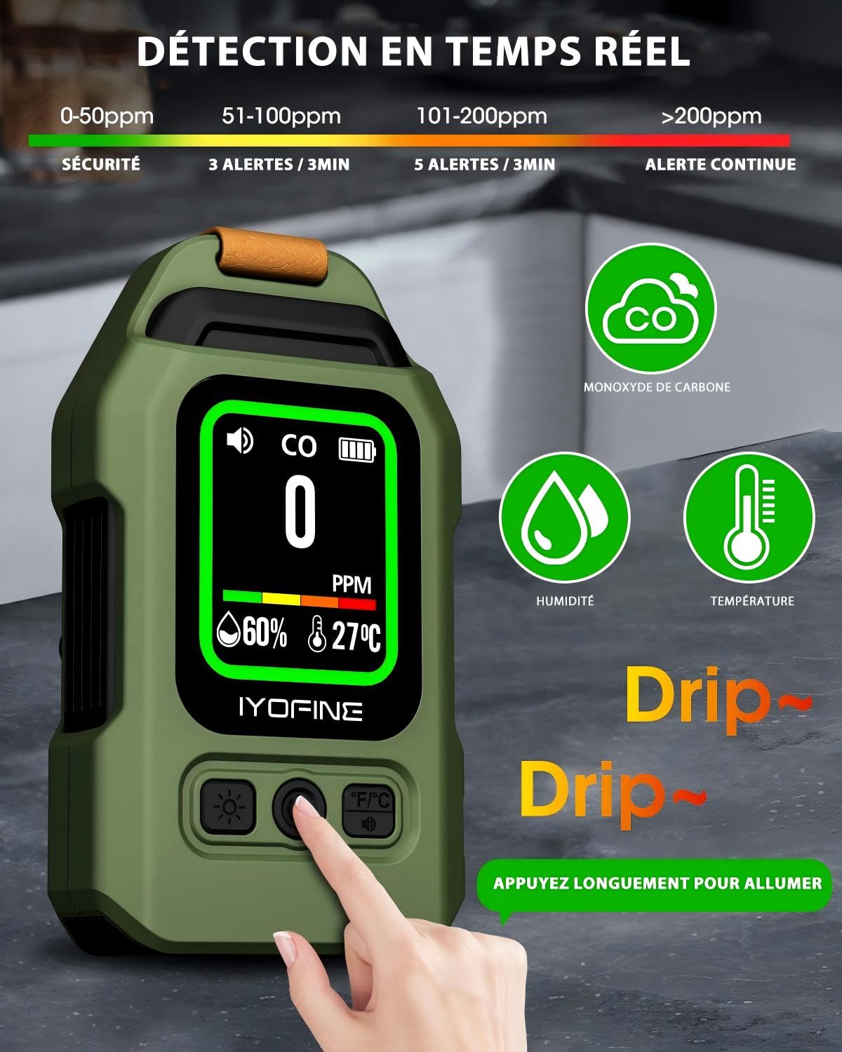 Detector de monóxido de Carbono portátil con 300 Horas de autonomía de batería, termohigrómetro, Alarma y luz de Emergencia – Ideal para Camping y Viajes