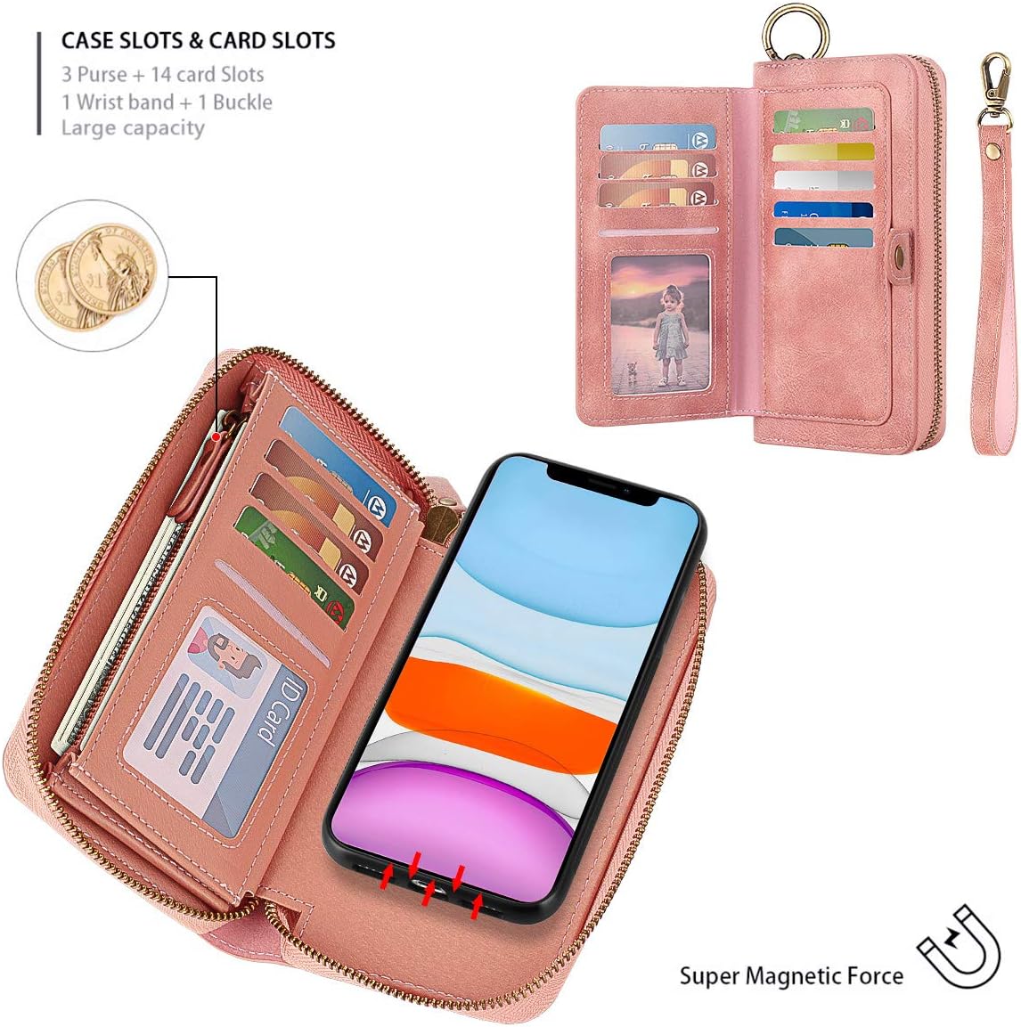 Petocase Compatible iPhone 11 Wallet Case, Multi-Function Zipper Purse with Detachable Magnetic Back Cover Wristlets 13 Card Slots & 4 Cash Pocket for Apple iPhone 11 2019 Pink
