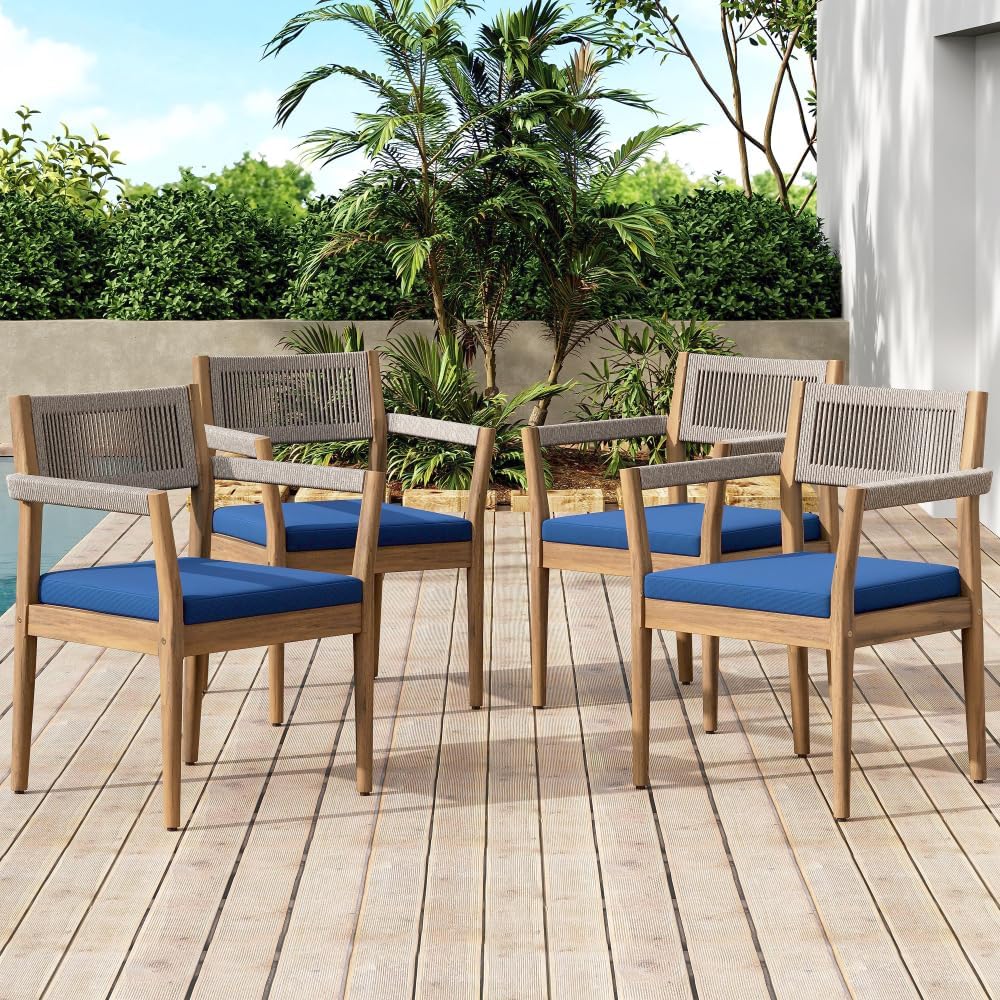 5-Piece Outdoor Table and Chairs for 4,Acacia Wood Outdoor Coffee Table Set with Armrest Chairs,Patio Outdoor Furniture Sets, for Backyard, Garden, Poolside (Beige + Light Teak + Navy + Cushion)