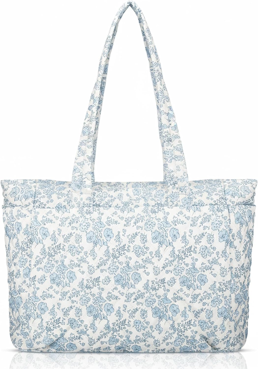 Women Blue Floral/Pink Bow Tote Bag Lightweight Puffy Tote Bag with Zipper Quilted Shoulder Handbag for Travel Work