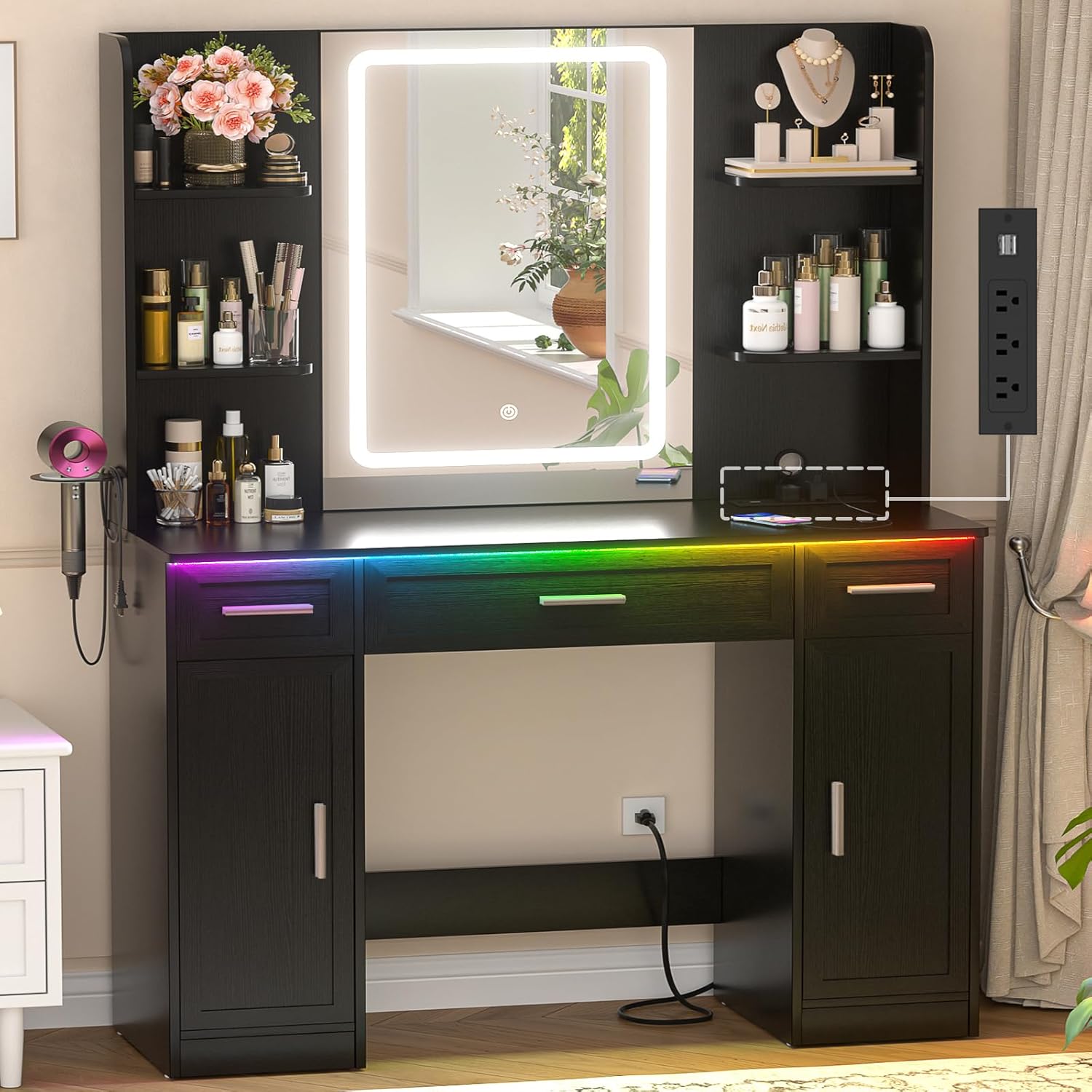Cyclysio Vanity Desk with Mirror & Lights, 42" Large Farmhouse Vanity with RGB Lights & 3 Drawers, Makeup Dressing Table with Charging Station, 3 Lighting Modes for Women Girls Bedroom