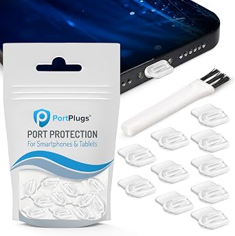 PortPlugs USB-C Dust Plugs 10-Pack with Easy-Grip Tab, Case Friendly, Cleaning Brush Included, Anti-Dust Port Covers for iPhone, Samsung Galaxy, iPad, MacBook, Kindle Clear
