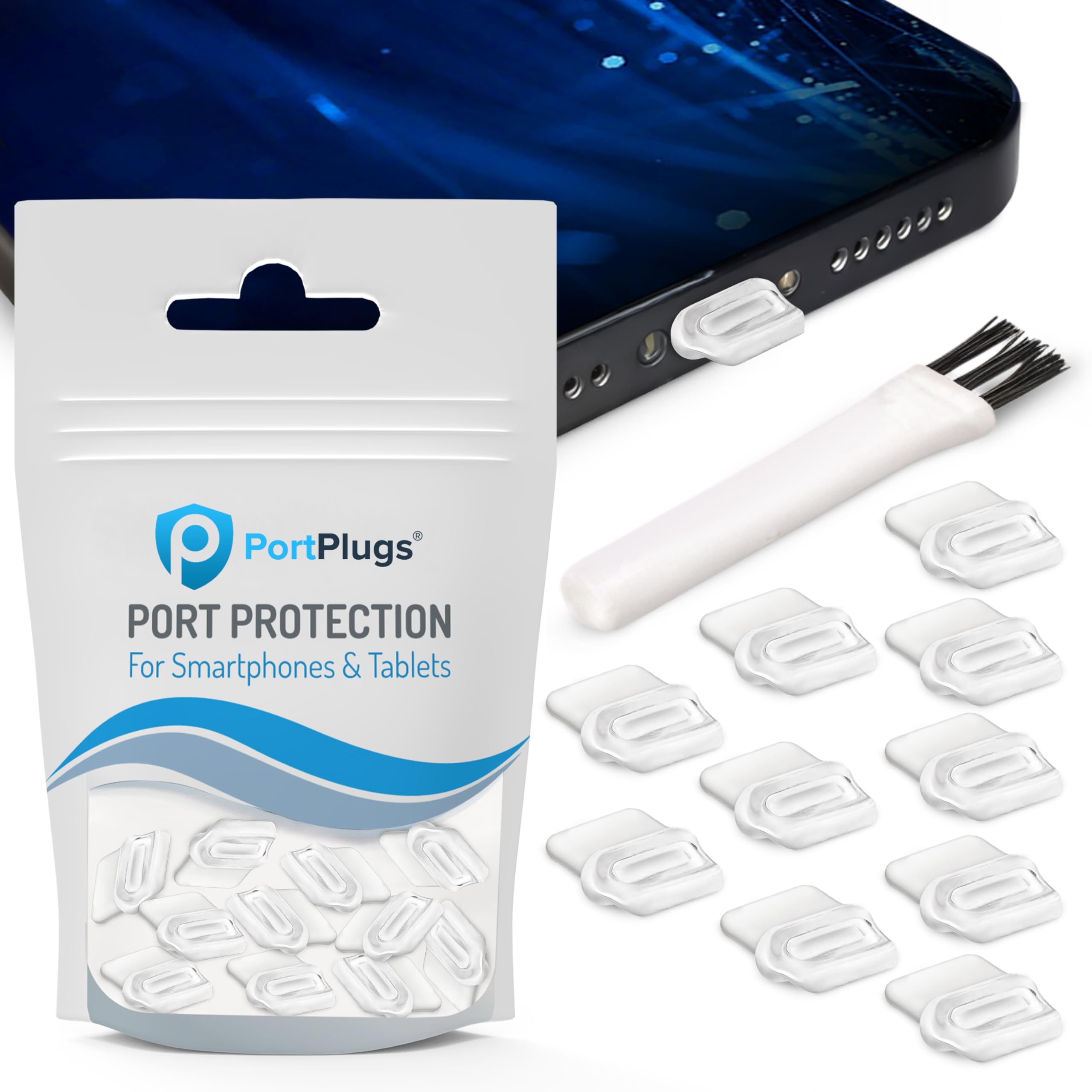PortPlugs USB-C Dust Plugs - Easy-Grip Design, Compatible with iPhone 15/16/17 & Air, iPad Pro/Mini, MacBook Pro/Air, Galaxy S25-S8, Pixel, Android & USB-C Devices - Clear (10-Pack)