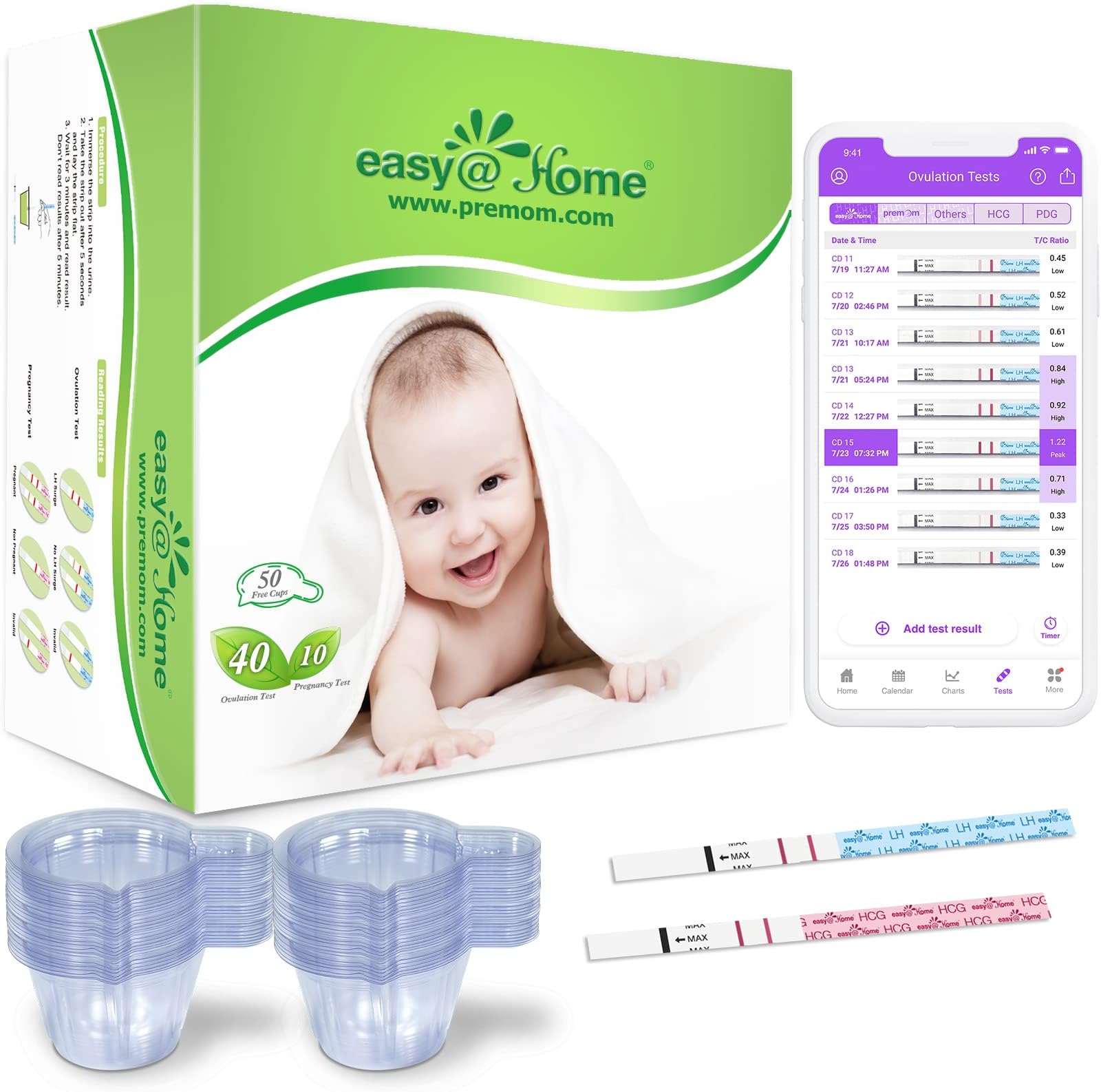 Ovulation & Pregnancy Test Strips Kit: 40 Ovulation Strips and 10 Pregnancy Testsโ Accurate Fertility Tracker OPK - Powered by Premom APP | 40LH + 10HCG + 50 Urine Cups