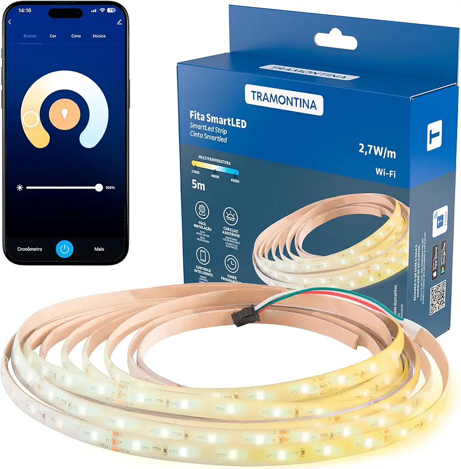 Tramontina Smart Fita LED Inteligente Multitemperaturas luz amarela e branca 5 Metros Bivolt - Compatível com Alexa e Google Home - Wi-Fi