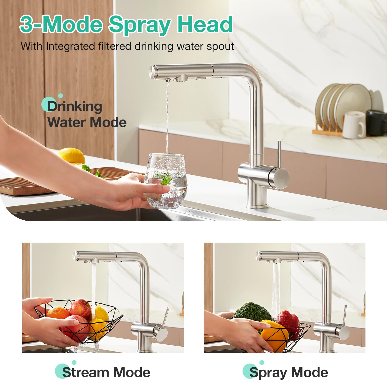 Faustina Grifo de cocina de 3 vías con ducha extraíble, grifo monomando, grifo de fregadero, grifo de agua potable para cocina para ósmosis inversa y filtro de agua de acero inoxidable cepillado