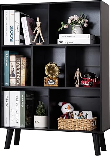YAHARBO Black Bookshelf,3 Tier Modern Bookcase with Legs,Bookshelves Wood Storage Shelf, Open Book Shelves Cube Organizer,Freestanding Short Negro