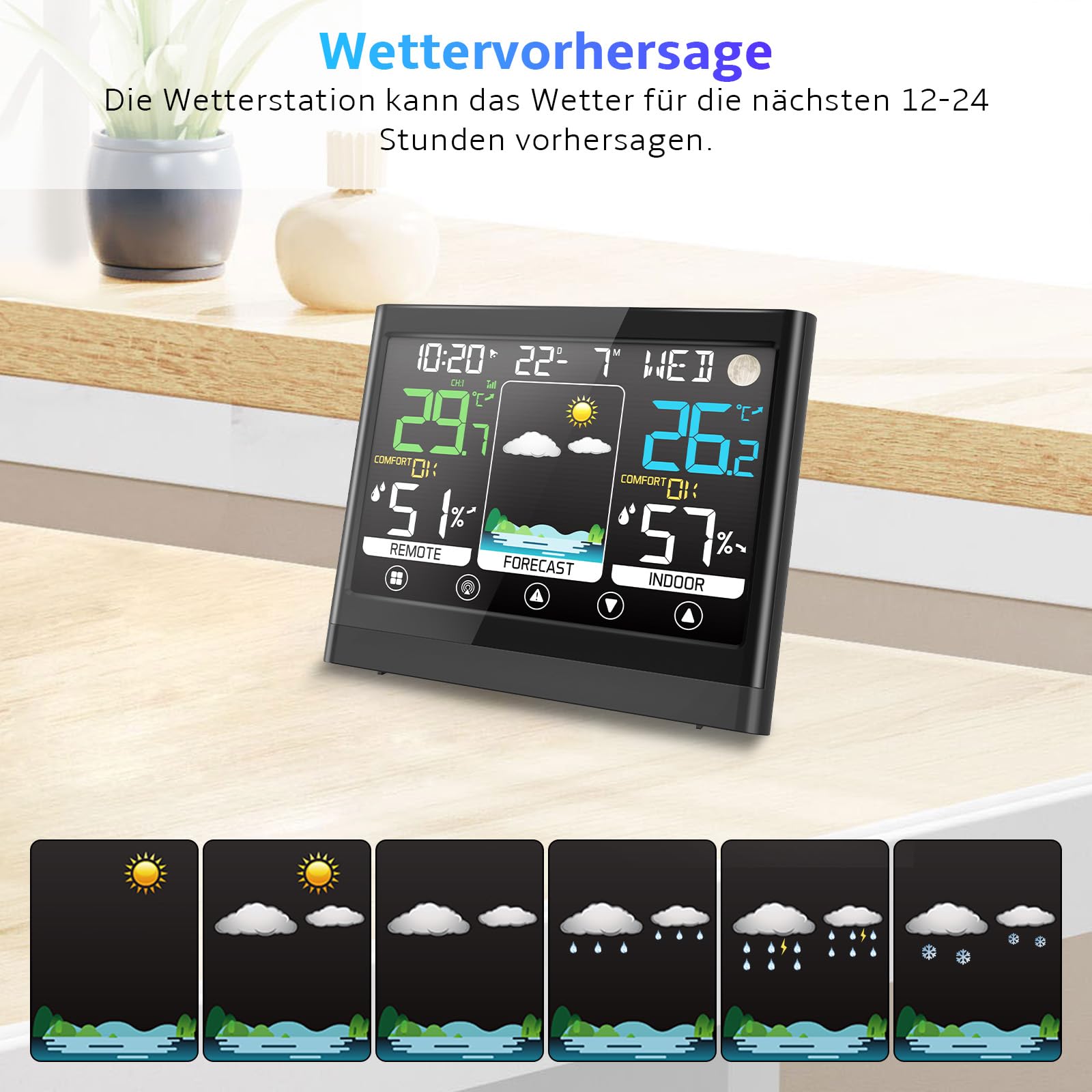 jely Wetterstation Funk mit Außensensor, Thermometer Hygrometer Innen/Außen, VA Farbdisplay Wetterstationen Innen und Außentemperatur Funk mit Wettervorhersage,Luftfeuchtigkeit,Mondphase,Uhrzeit&Datum