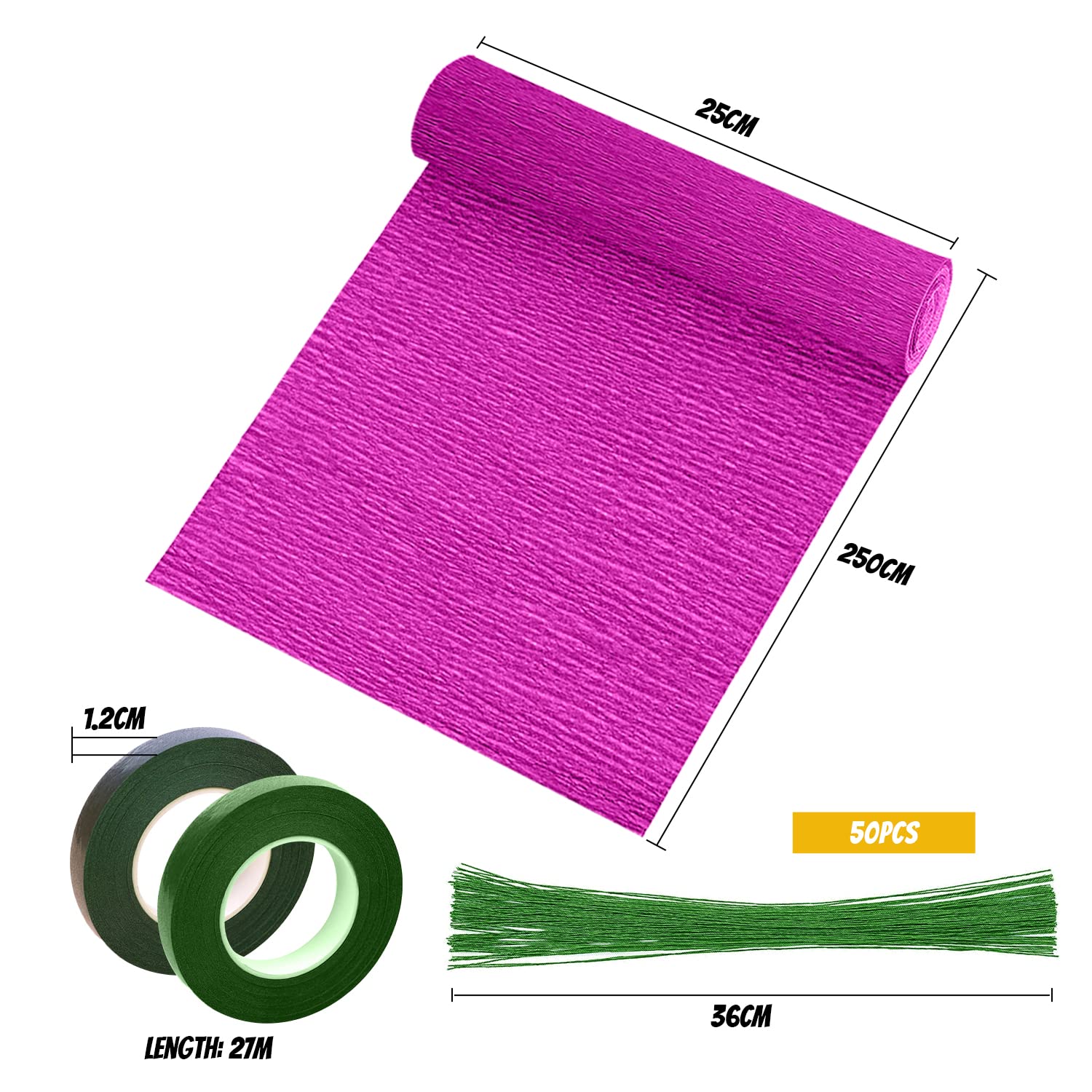 Lot de 8 rouleaux de papier crépon large de 25,4 cm x 2,4 m pour arrangements floraux artificiels - Kit de fabrication de fleurs vertes avec ruban et fil pour décorations de mariage, festival, fête,