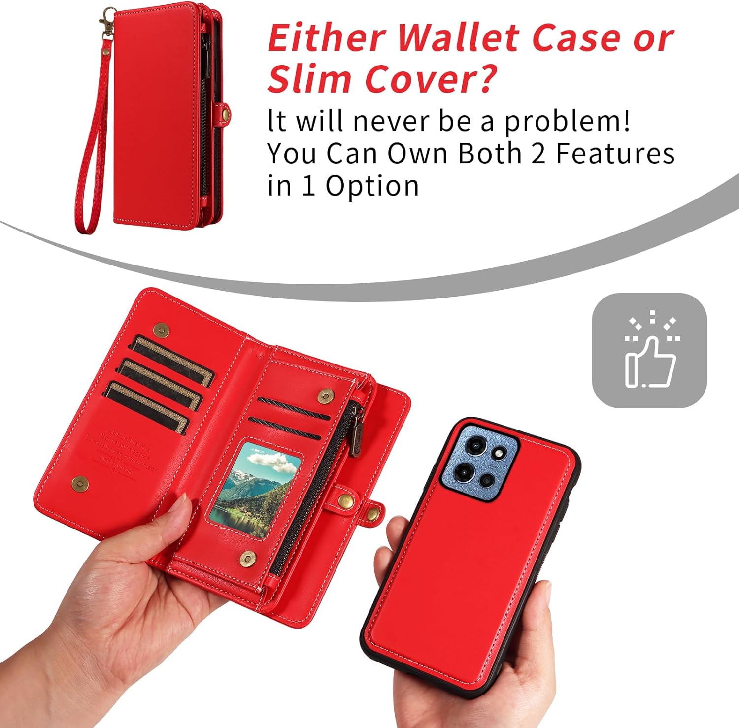 Asuwish Phone Case for Motorola Moto G 5G 2025 Zipper Wallet Detachable Cell Cover with Tempered Glass Screen Protector Crossbody Lanyard Strap Flip Card Holder Slot Moto G 2025 Women Men Red