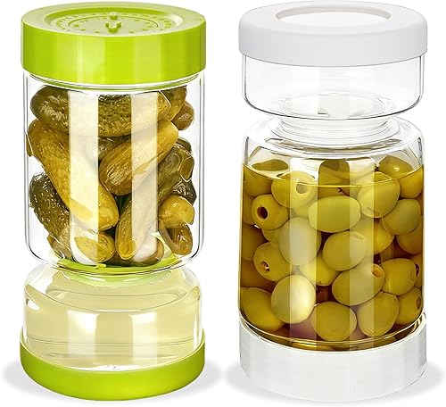 ZENS Tarro de pepinillos con colador abatible, contenedor separador de jugo de pepinillos que separa lo húmedo de lo seco, sellado hermético