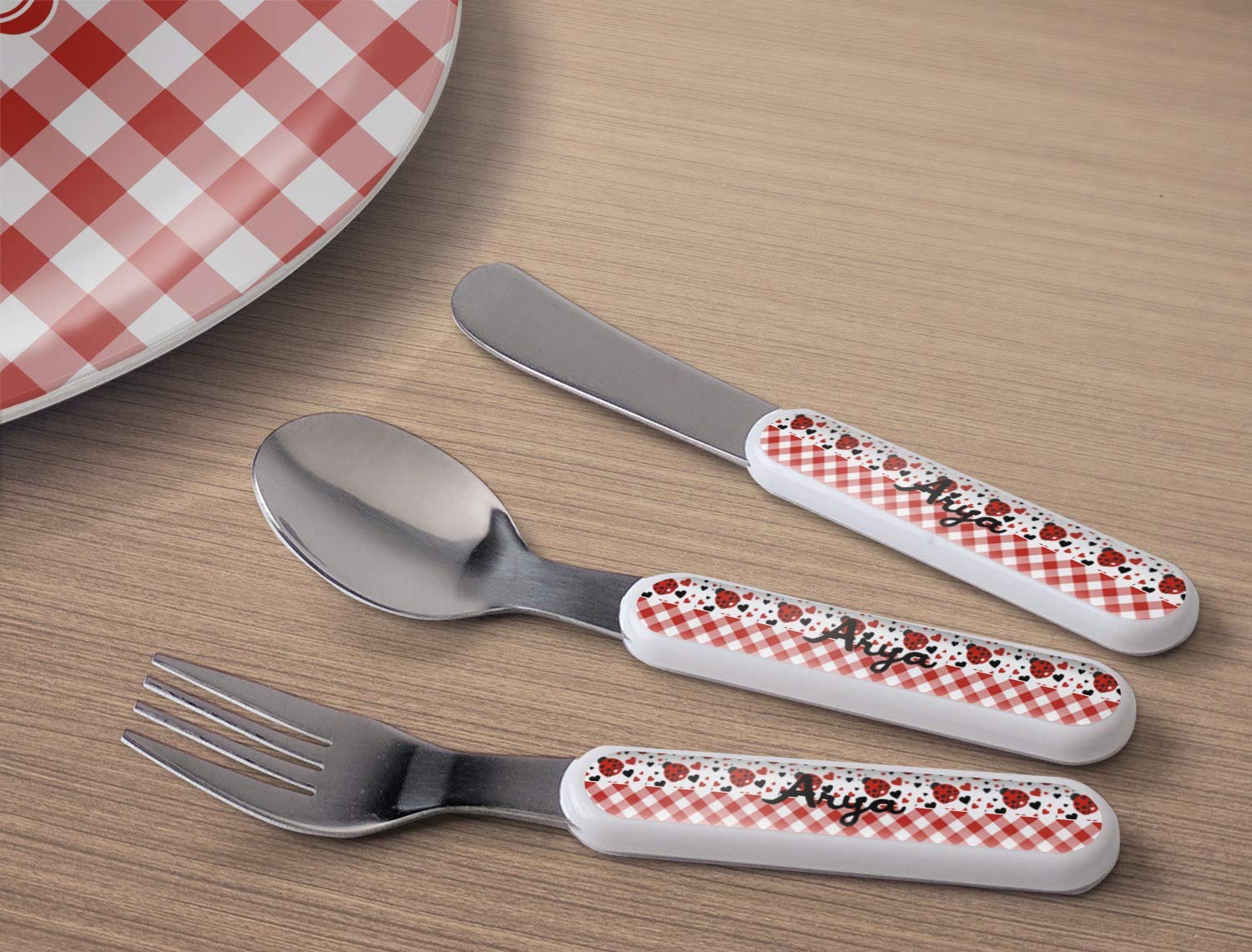 Personalized Ladybugs & Gingham Kid's Flatware