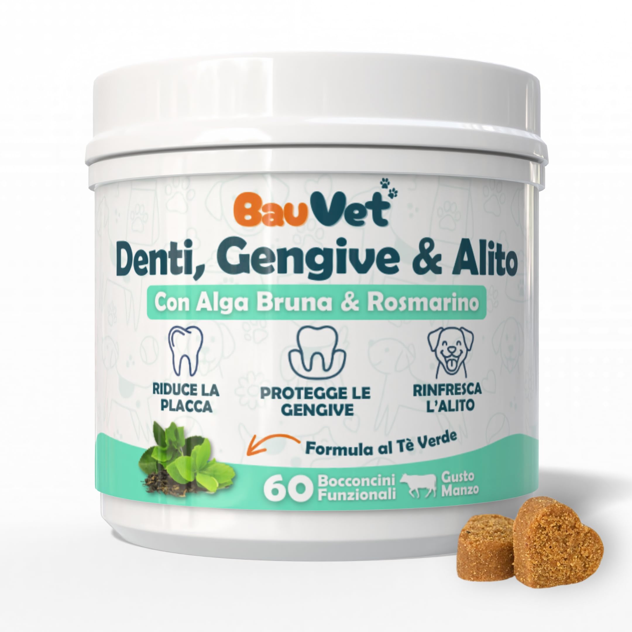 Integratore Denti & Gengive per Cani | 60 Bocconcini Gusto Manzo | Formula con Zinco, Clorexidina, Menta e Probiotici Orali |Alito Cattivo, Placca e Gengivite | Igiene Orale Naturale Quotidiana