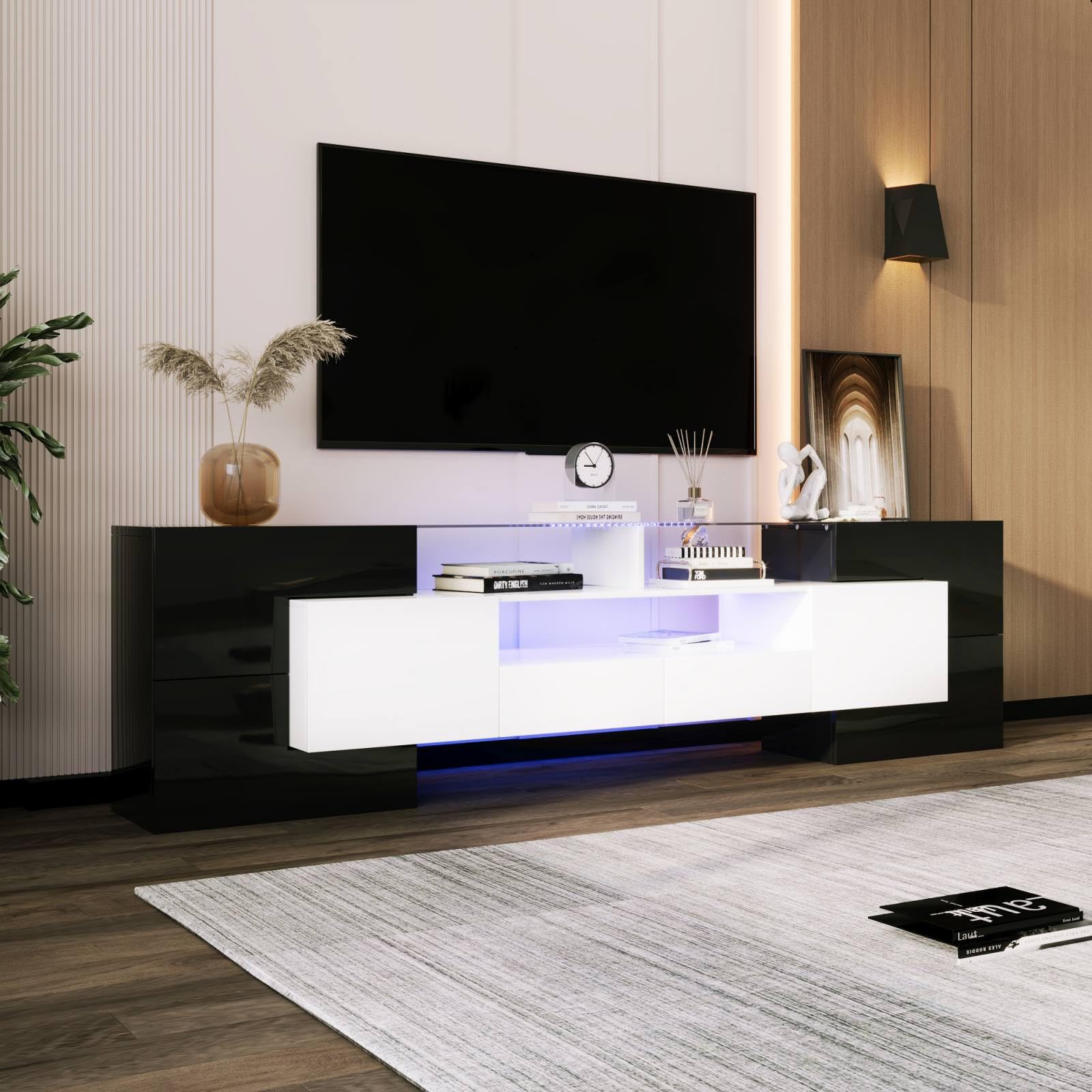 Sweiko Meuble TV Bas avec éclairage LED, Commode avec Beaucoup d'espace de Rangement, Forme Unique avec Surfaces en Verre, Design Moderne (Black, 200 L x 35 B x 60 H)