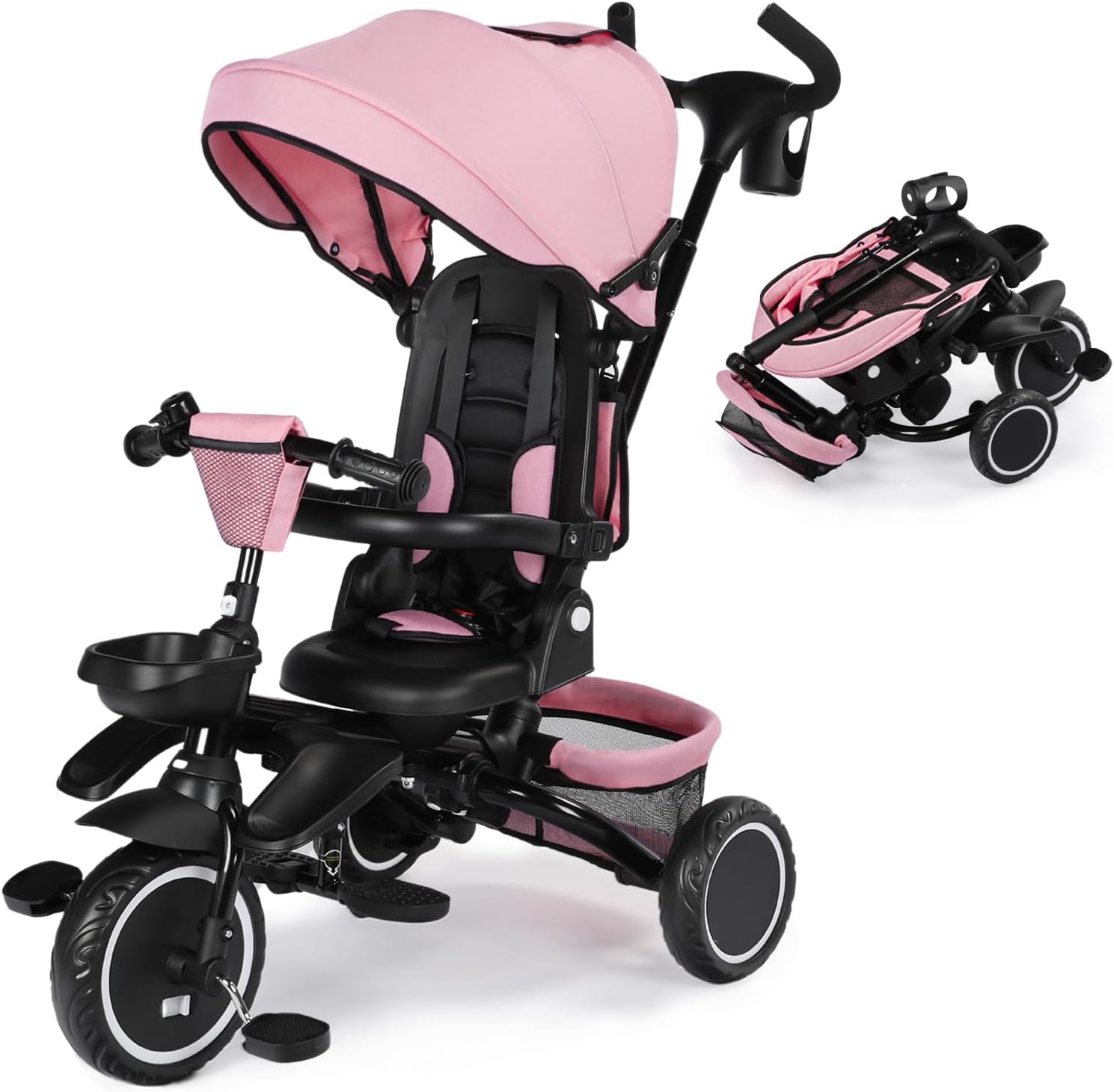 Kinder King Kids Tricycle, 8 in 1 Folding Toddler Trike w/Adjustable Push Handle, Rotatable Seat, Adjustable Canopy, Bell, Five-Point Harness, Storage, Bike Tricycle for Toddlers 1-3, Pink
