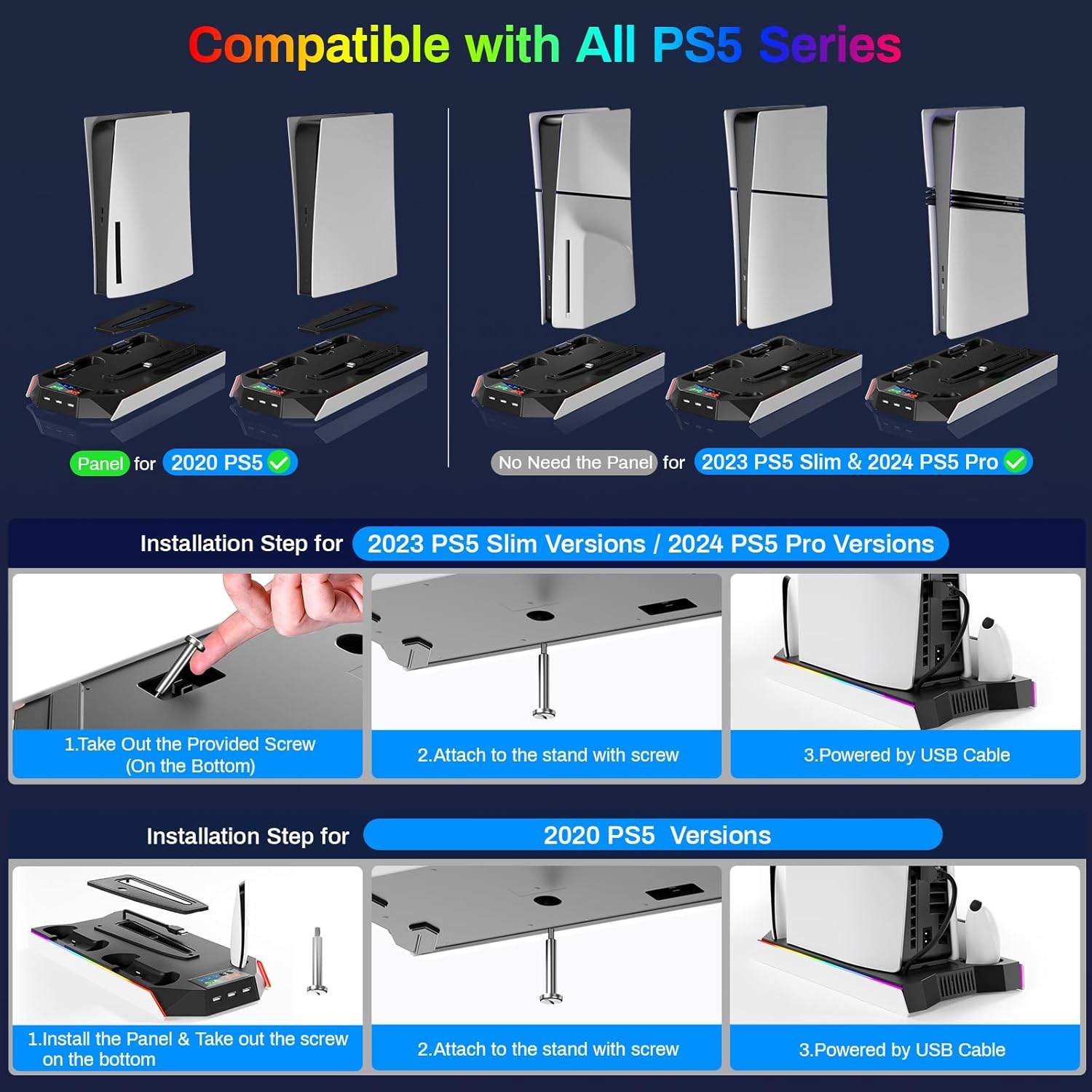 PS5 Cooling Station Stand RGB with Dual Controller Charging Station for PlayStation 5 Console, PS5 Accessories Incl. Controller Charger, Cooling Fan, Headset Holder, 3 USB Hub - Image 2