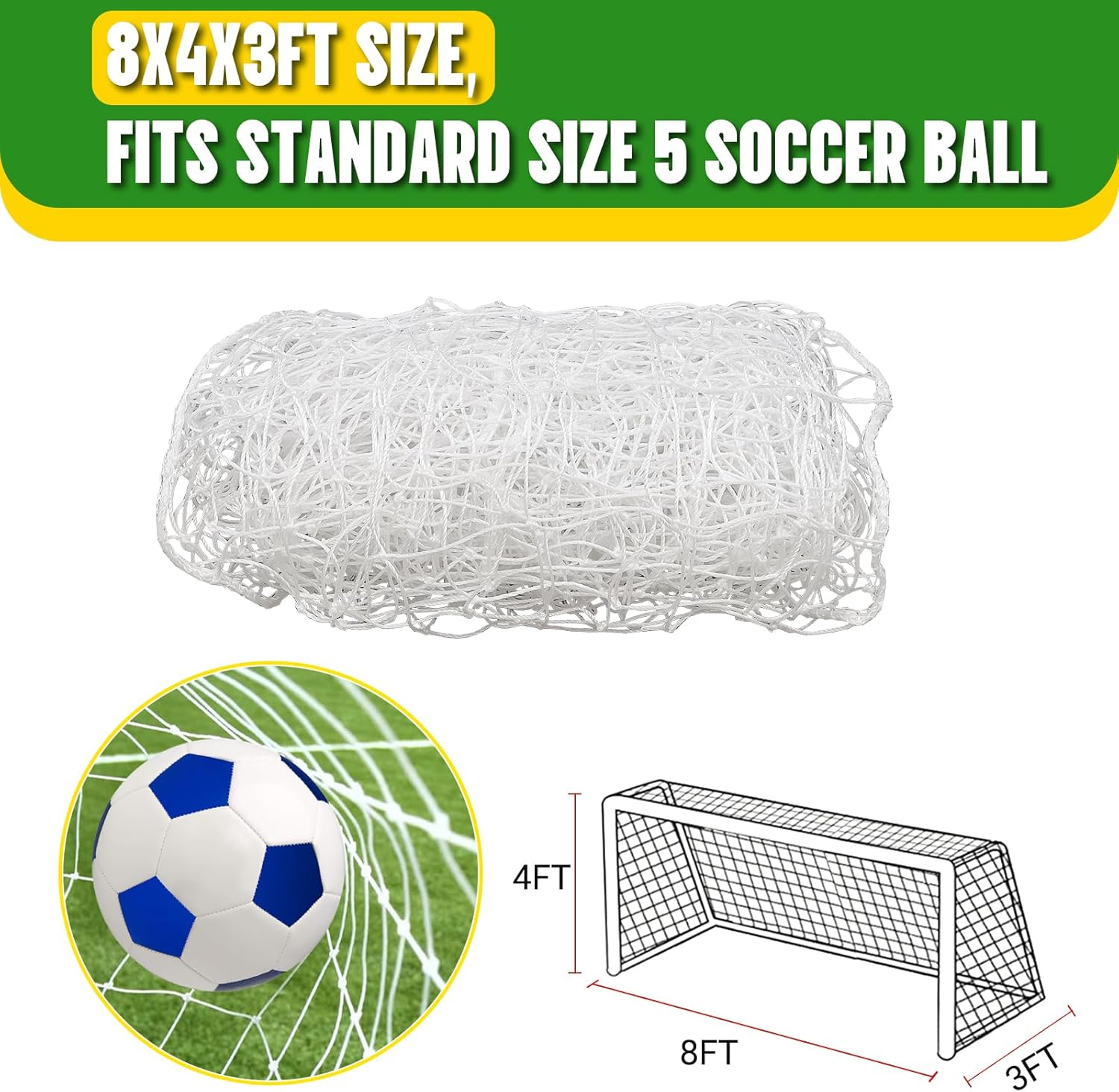 8X4X3FT Soccer Goal Net Replacement - Heavy Duty Polypropylene Football Net for All Levels, All-Weather Backyard/Park Practice, White (No Frame Included)