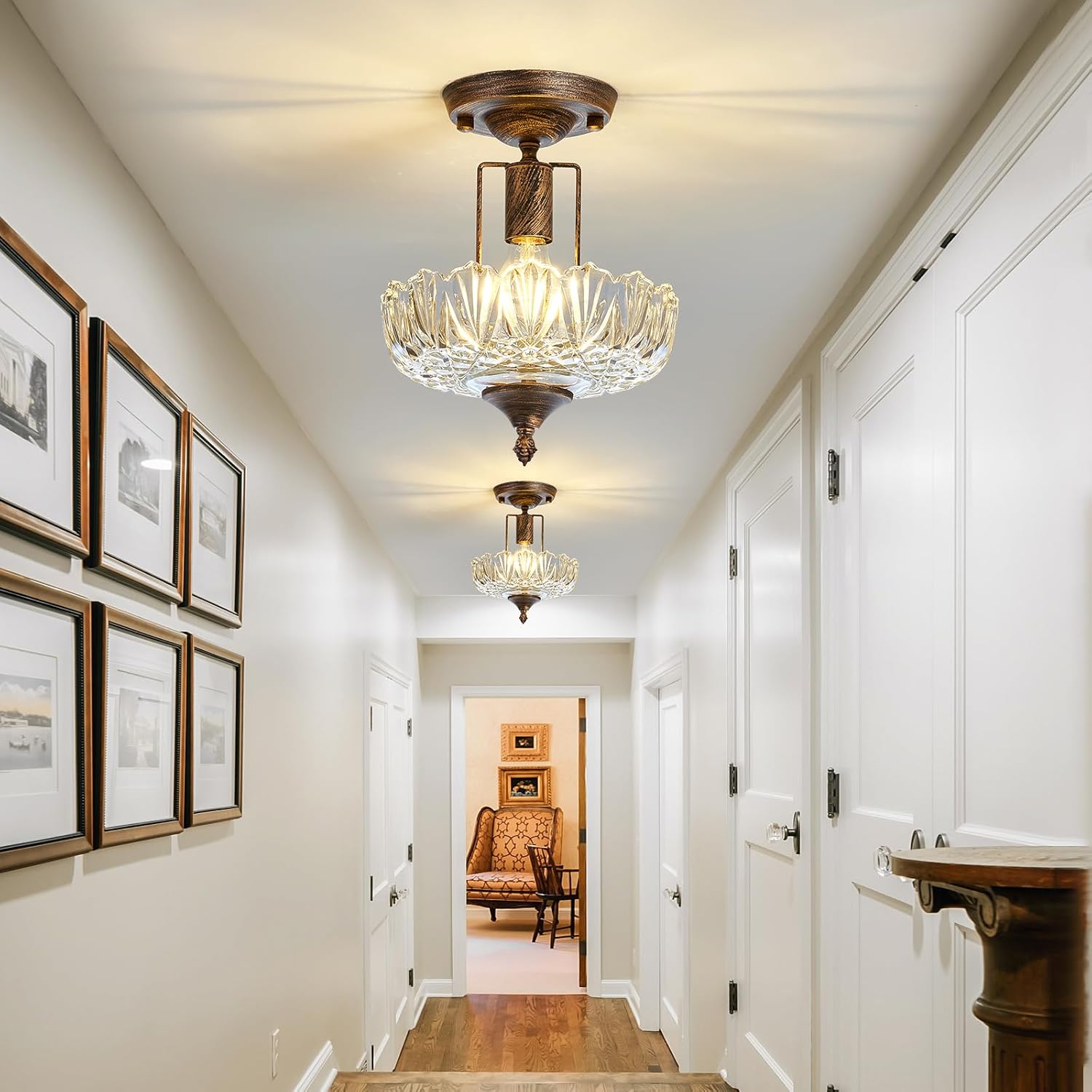 UOFUS Glass Ceiling Light Fixture Vintage Small Semi Flush Mount Chandelier Oil Rubbed Bronze Mini E26 Ceiling Lamp for Hallway Bedroom Bathroom Closet