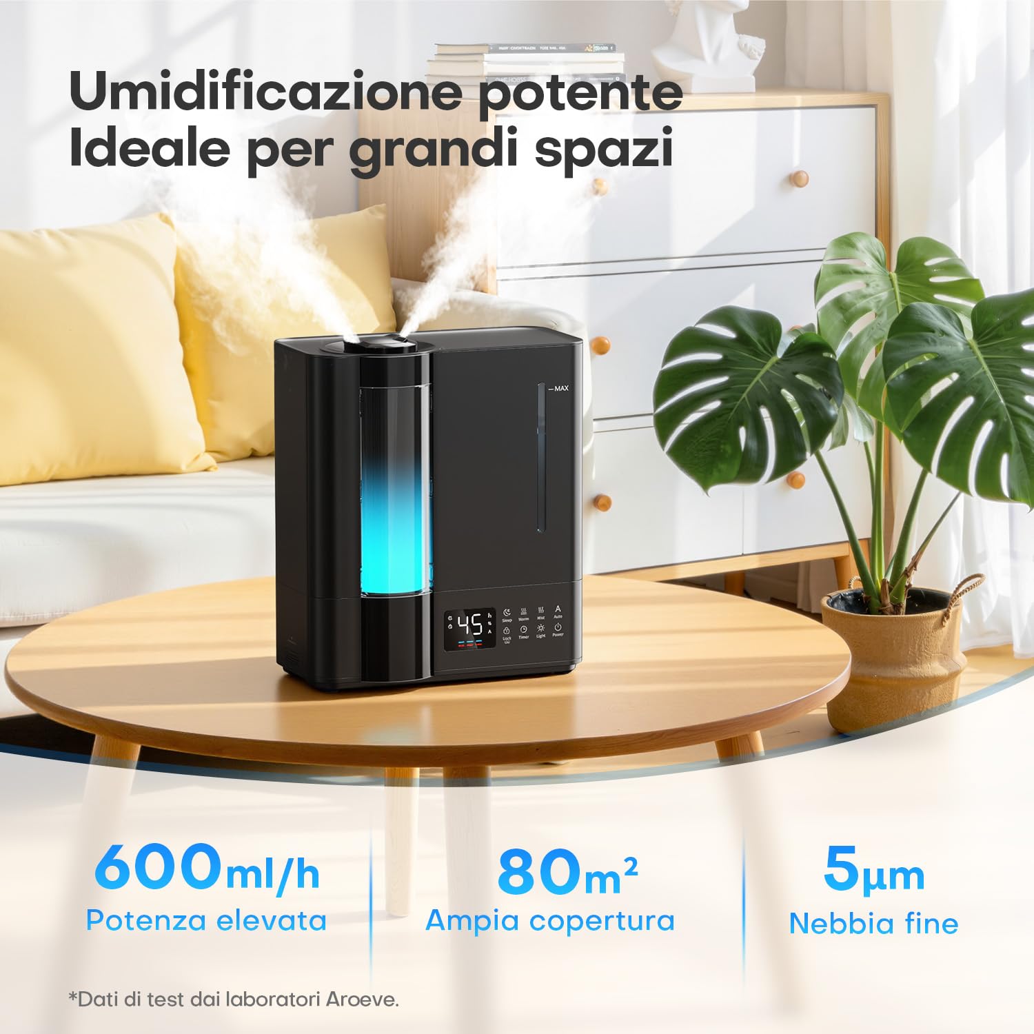AROEVE 8L Umidificatore Ambiente, Umidificatore Nebbia Calda & Fredda per Ambienti Grandi, Caricamento dall'Alto, Diffusore Aromi, Sensore Umidità, 60H/22dB Silenzioso per Bambini Stanza Bimbi Piante