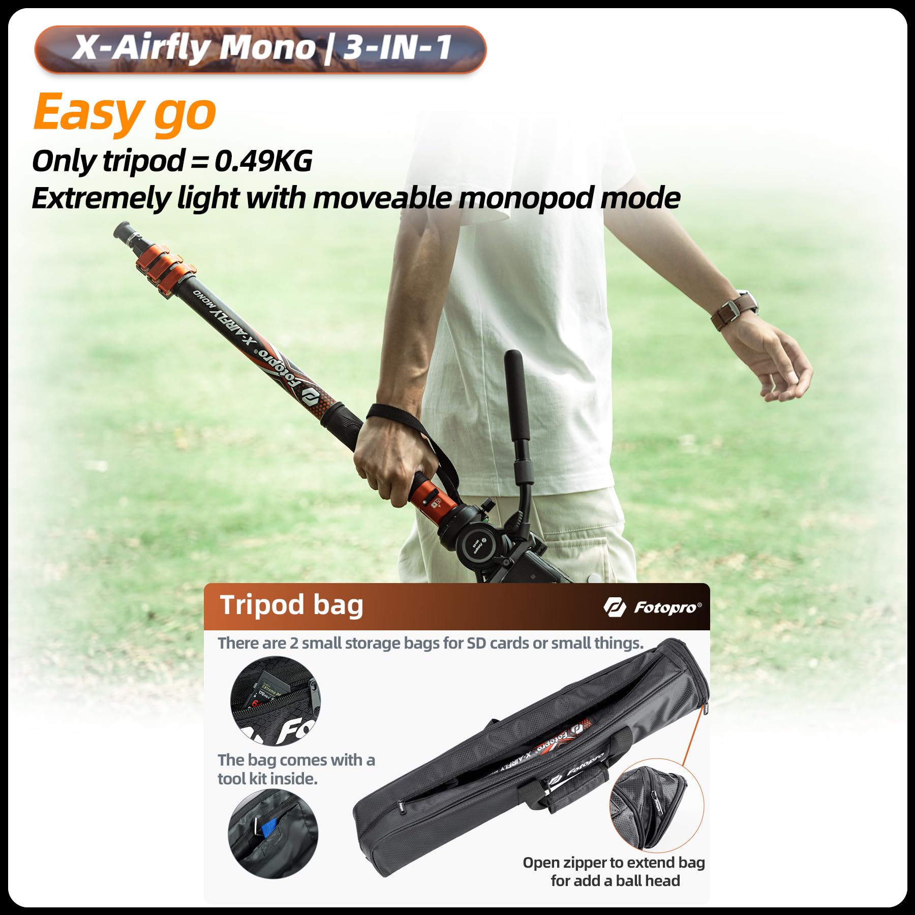 Fotopro Monopod de fibra de carbono con pedal, monopie profesional 3 en 1 de 73 pulgadas, monopié de viaje de fibra de carbono con pies de carga máxima de 22 libras para kit de videografía de