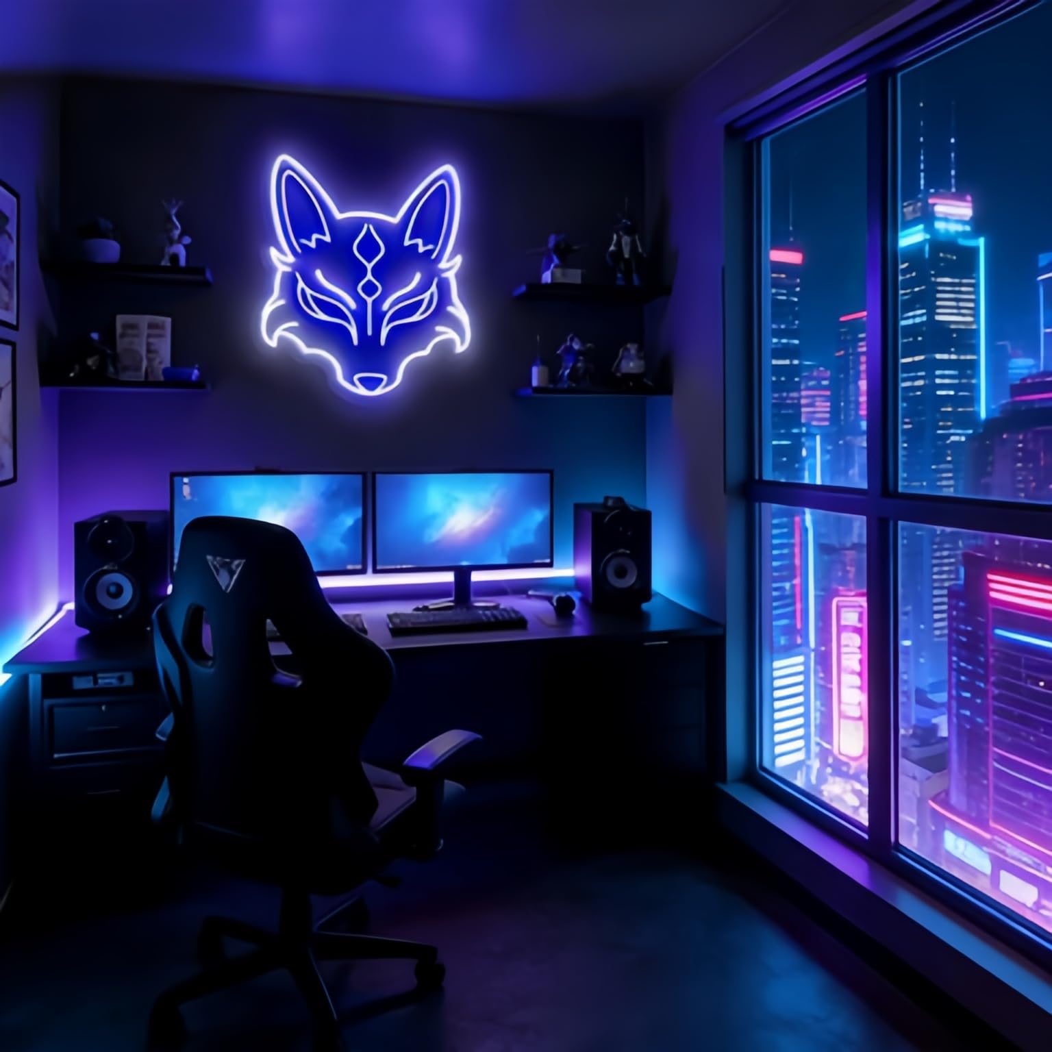 Kitsune Maschera al neon, luce LED a forma di volpe giapponese, decorazione da parete Yokai, maschera Oni Anime decorazione per la stanza