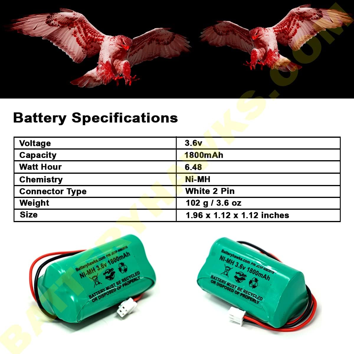 Battery Hawk (2 Pack) Ni-MH AA1800mAh Solar Light 3.6V AA NIMH 1800 MAH 3.6v 1800mAh Ni-MH Battery Pack for Emergency/Exit Light 73904 LED Flashlight