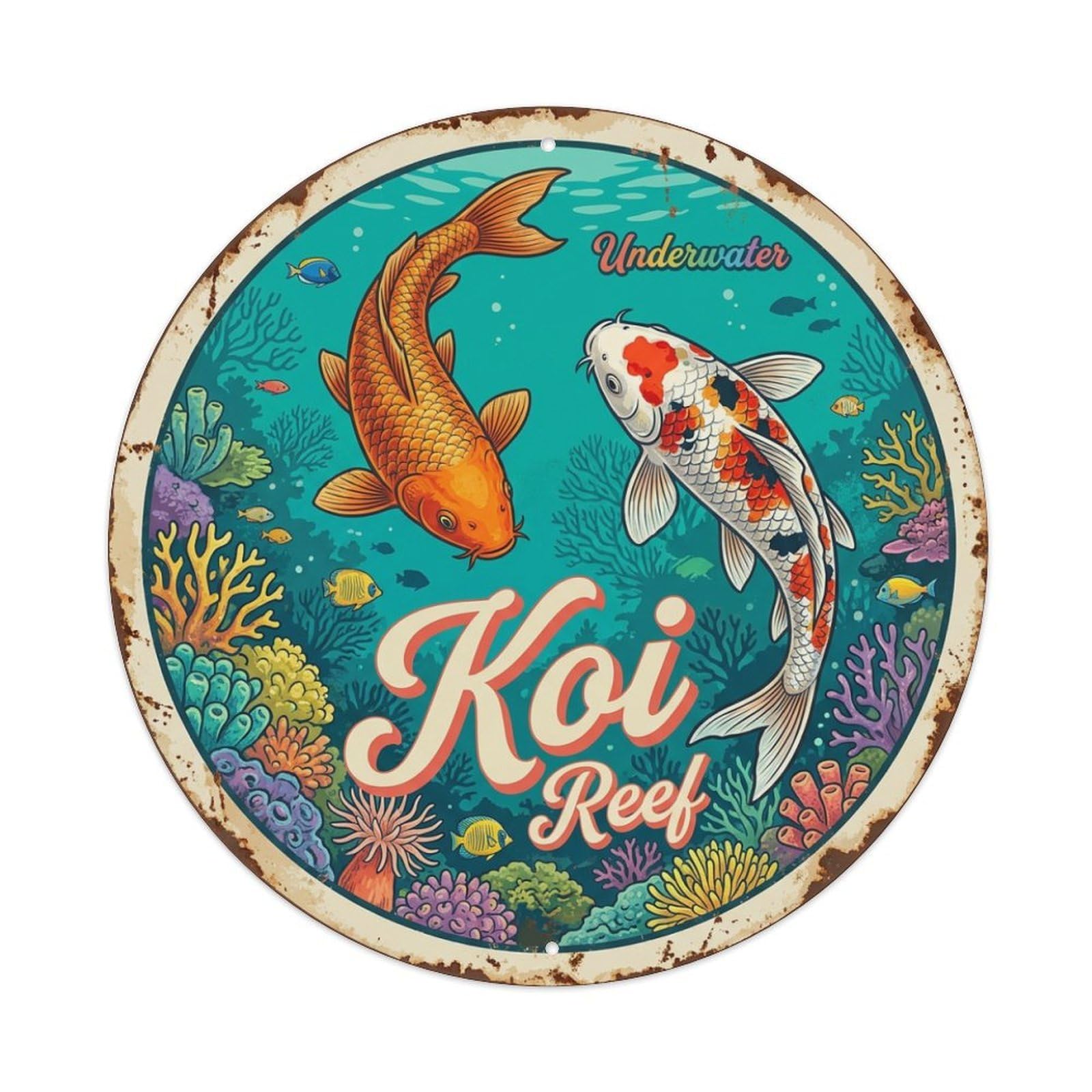 Koi Fish Coral Reef Waters Underwater Colorful Vibrant Ocean Metal Tin Sign